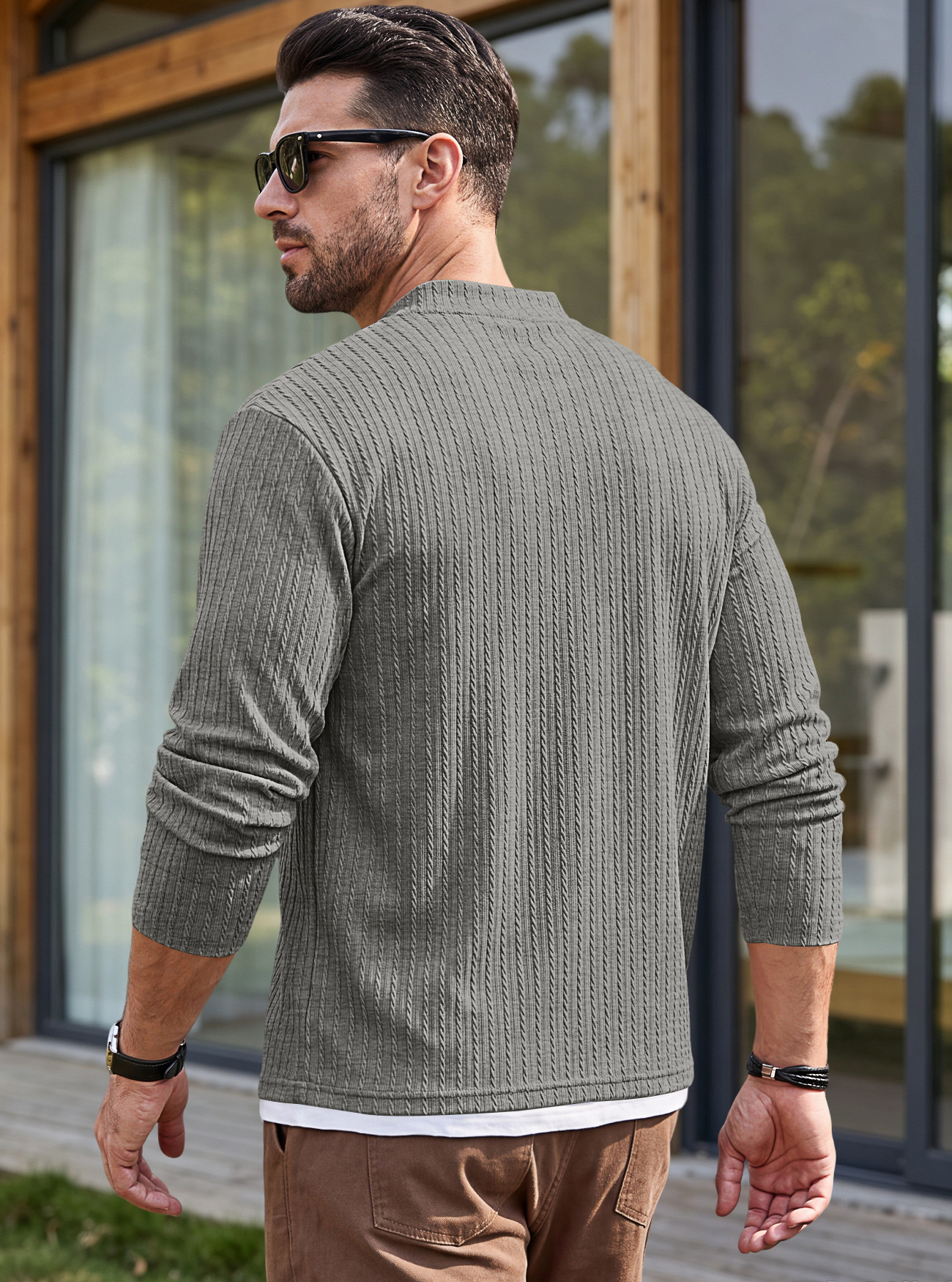 Men's Clothing Tops Sweatshirts Men's American Texture Jacquard Henley Polo Shirt Autumn Winter Chest Pocket Casual Knit Pullover