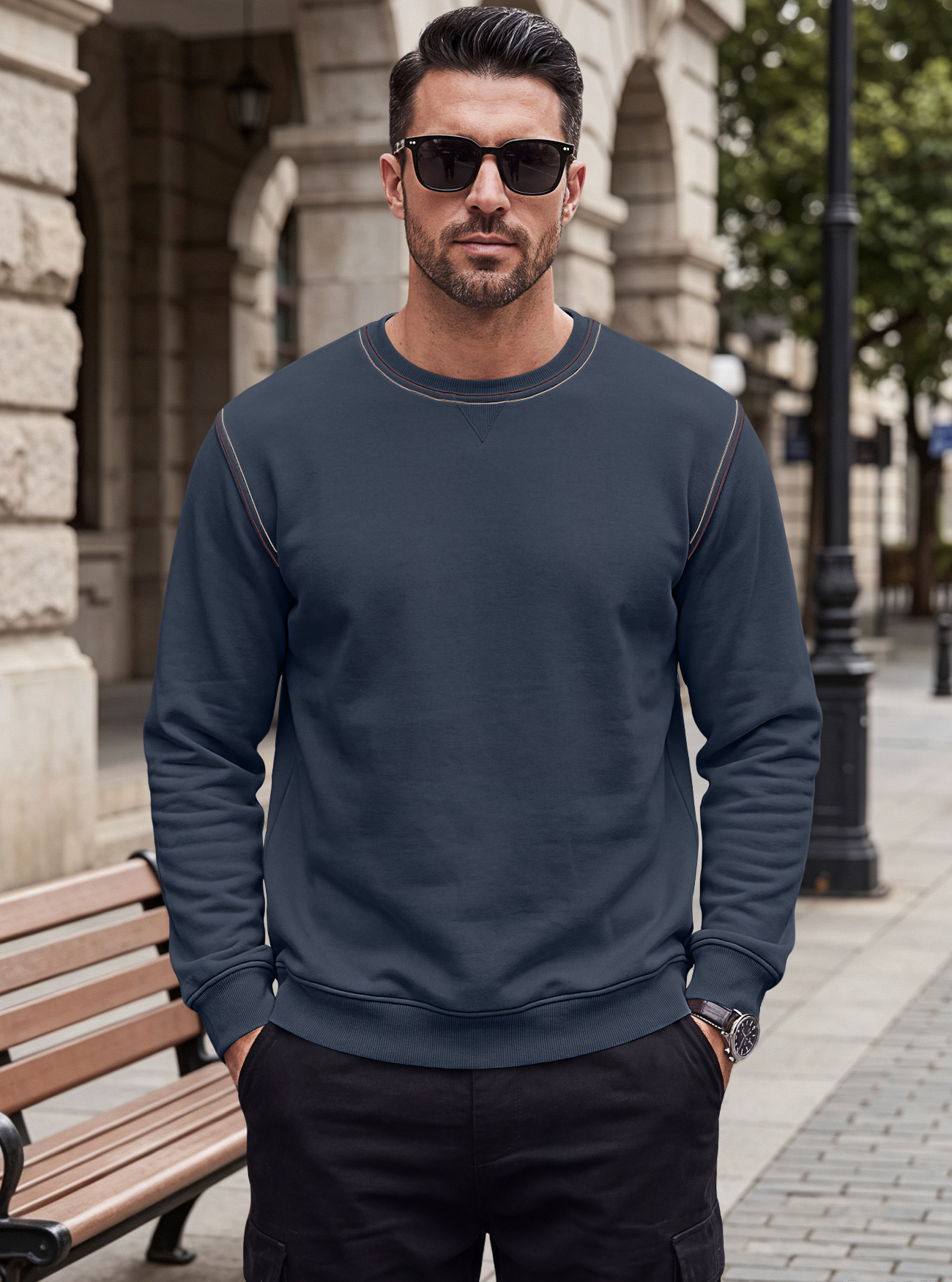 Men's Clothing Tops Sweatshirts Men's Autumn Winter Bright Line Base Shirt Round Neck Ribbed Bottom Swing Top Pulley Cloth Hoodie