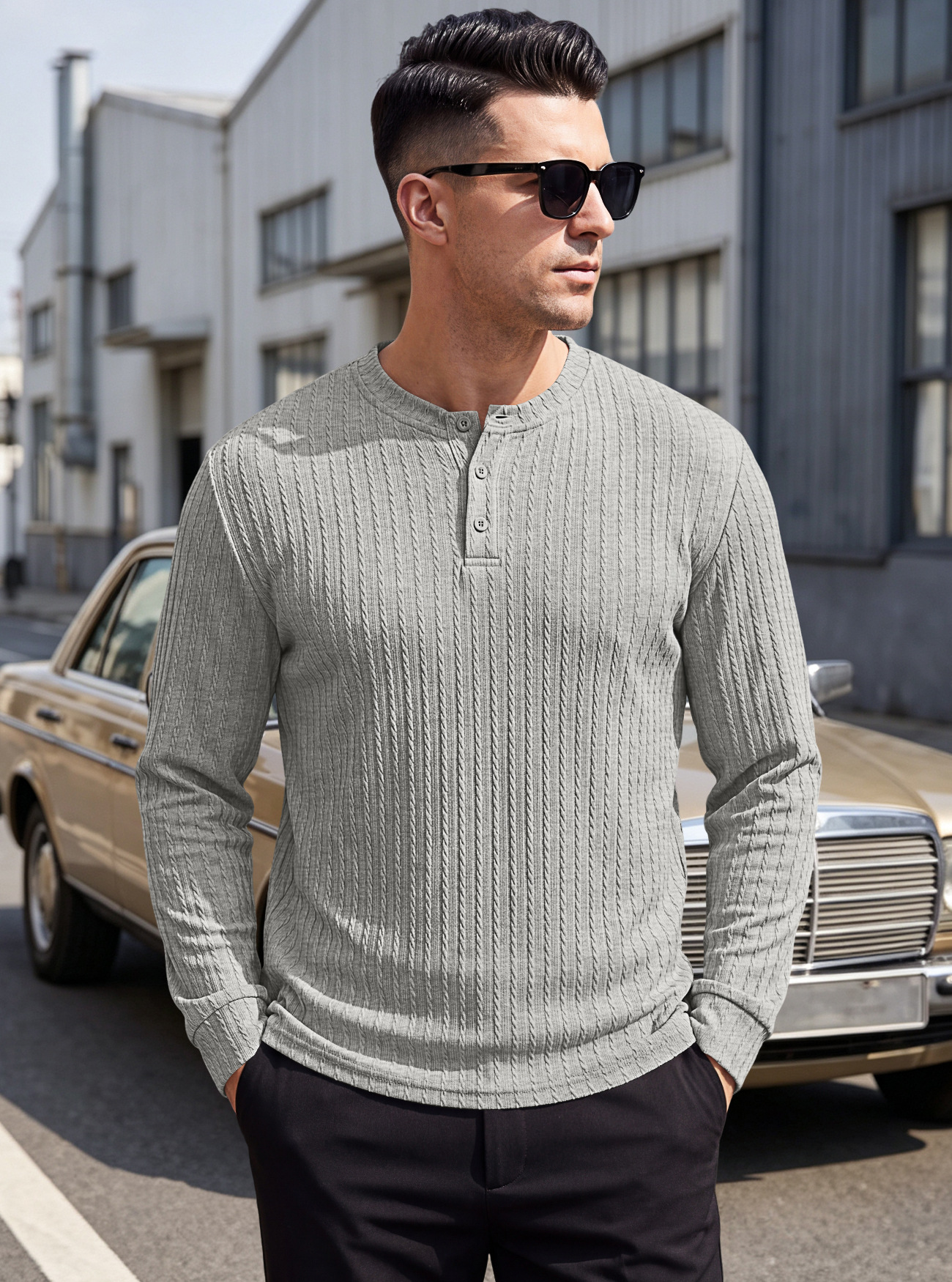 Men's Clothing Tops Sweatshirts Men's Henley Shirt Retro Elastic Texture Pattern Casual Loose Oversized Long Sleeve Hoodie