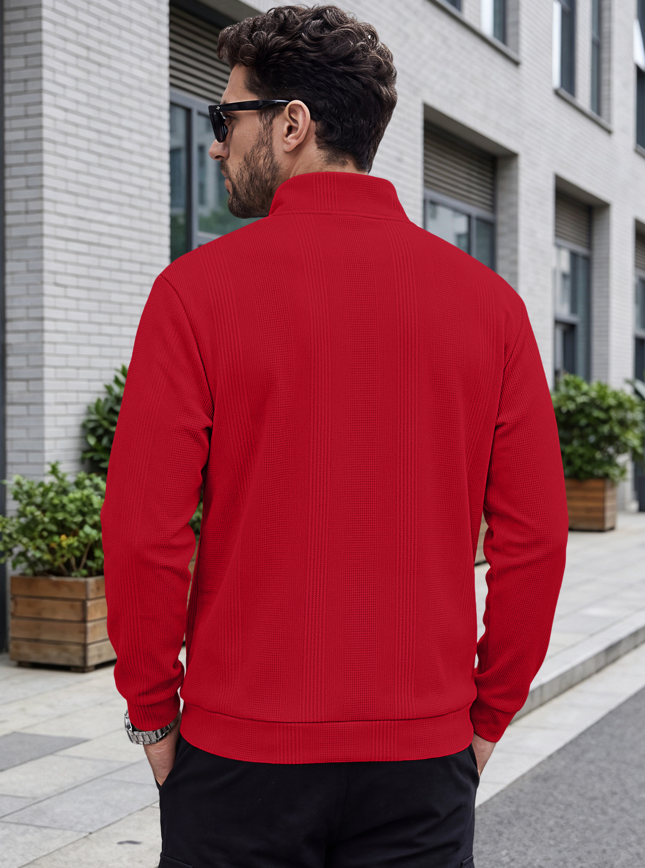 Men's Clothing Tops Sweatshirts Men's Half Zip Stand Up Collar Knitted Sweater Spring Autumn Vertical Stripes Waffle Texture Long Sleeved Casual Hoodie