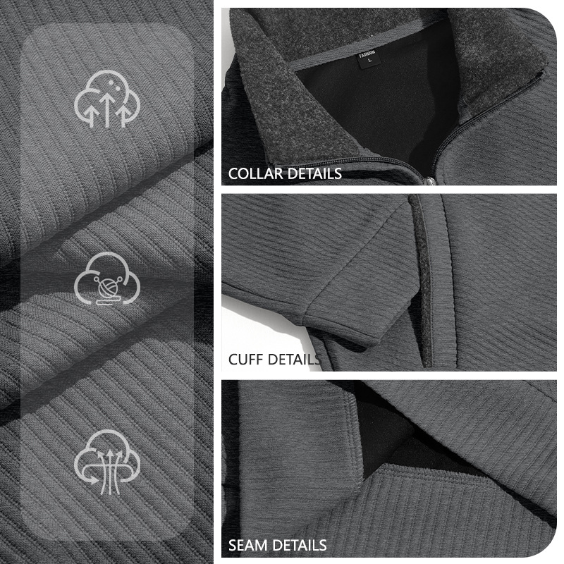 Men's Clothing Tops Sweatshirts Men's Textured Jacquard Stand Up Collar Top American Spring Autumn Zipper Pocket Pullover Casual Hoodie