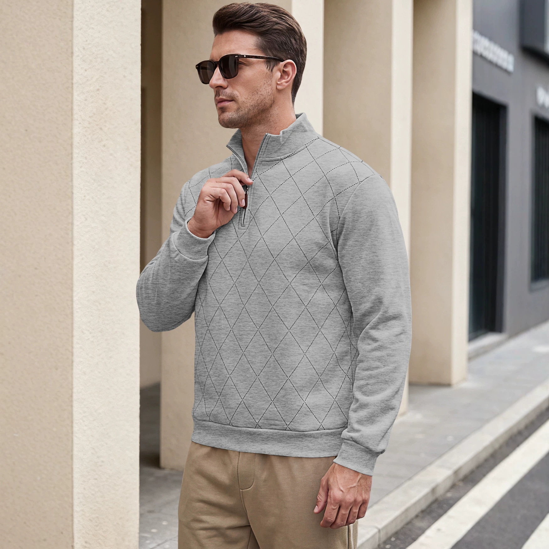Men's Clothing Tops Sweatshirts Men's American Autumn Winter Semi-Zip Stand-Up Collar Knitwear Diamond Pattern Long Sleeve Pullover Casual Hoodie