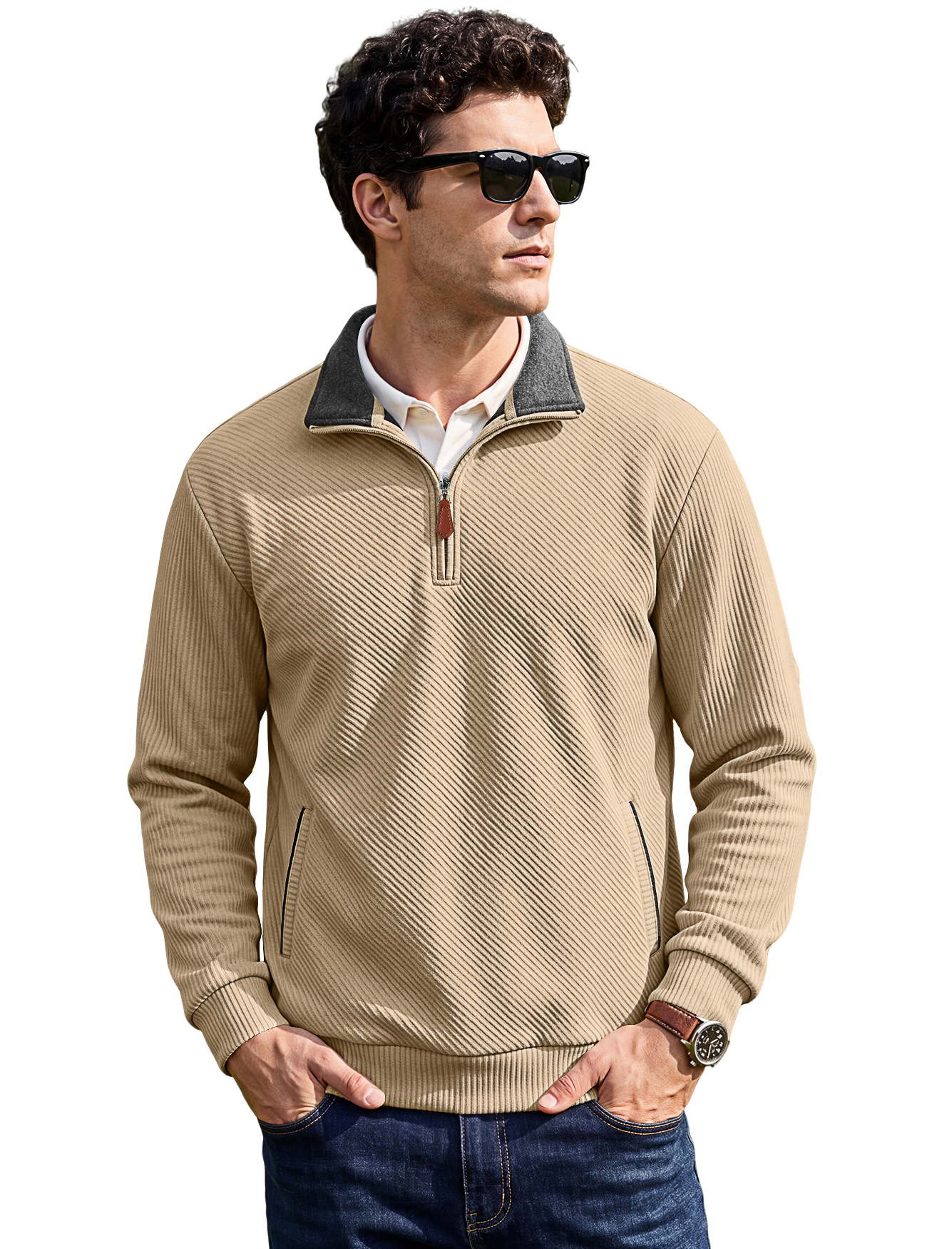 Men's Clothing Tops Sweatshirts Men's Textured Jacquard Stand Up Collar Top American Spring Autumn Zipper Pocket Pullover Casual Hoodie
