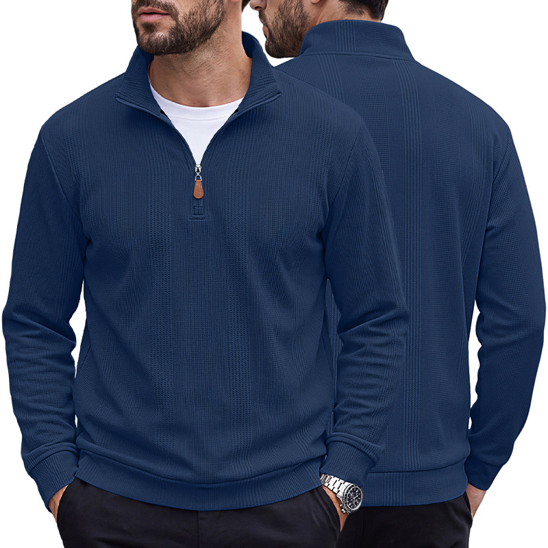 Men's Clothing Tops Sweatshirts Men's Half Zip Stand Up Collar Knitted Sweater Spring Autumn Vertical Stripes Waffle Texture Long Sleeved Casual Hoodie