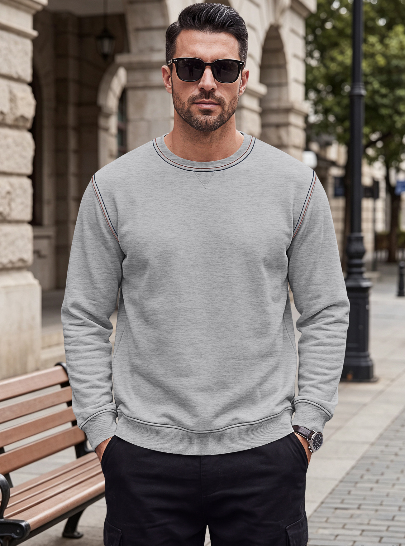 Men's Clothing Tops Sweatshirts Men's Autumn Winter Bright Line Base Shirt Round Neck Ribbed Bottom Swing Top Pulley Cloth Hoodie