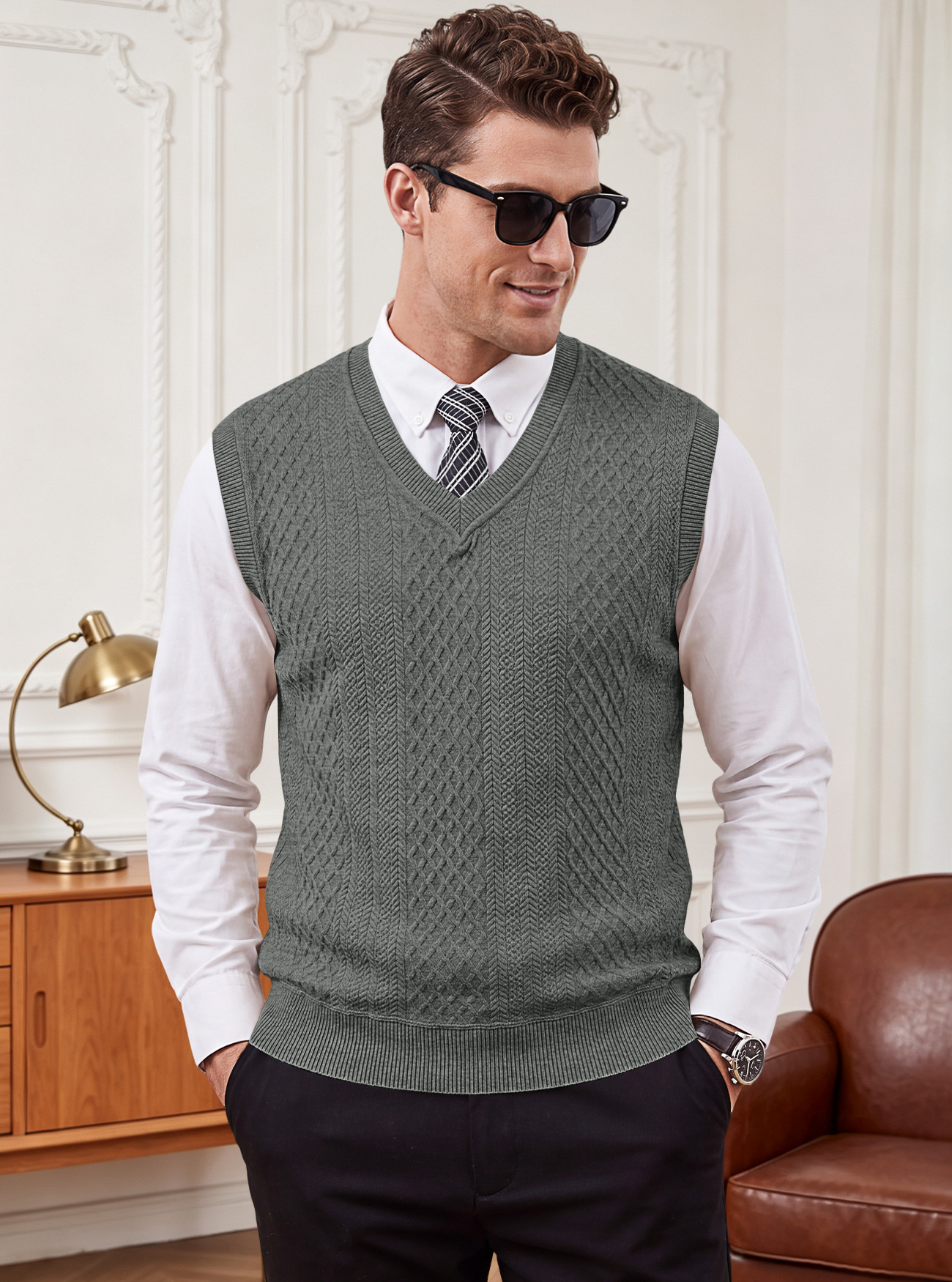 Men's Clothing Tops Tanks Camis Tank Tops Men's Heavyweight V-Neck Vest Textured Jacquard Sleeveless Knit Sweater Vintage Plus Size Casual Vest