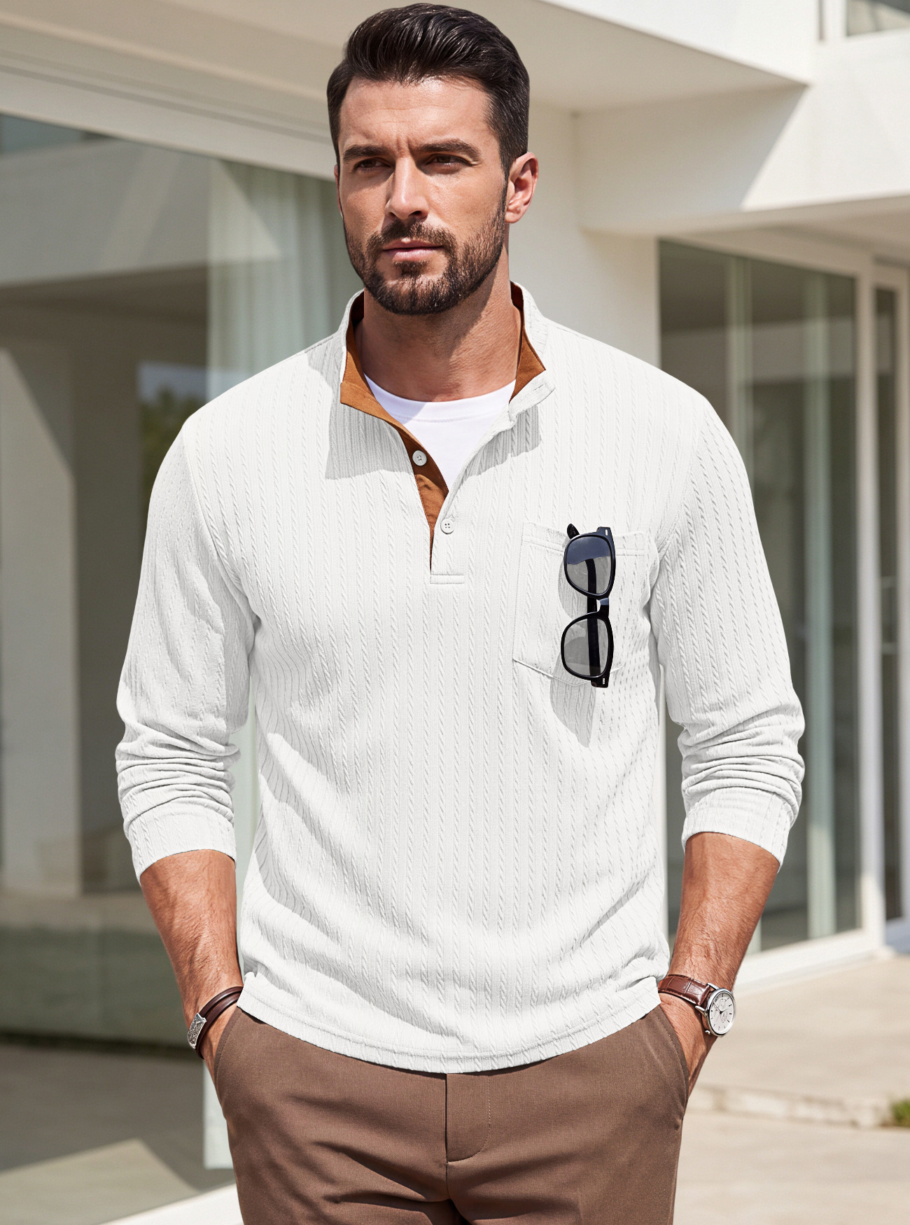 Men's Clothing Tops Sweatshirts Men's American Texture Jacquard Henley Polo Shirt Autumn Winter Chest Pocket Casual Knit Pullover