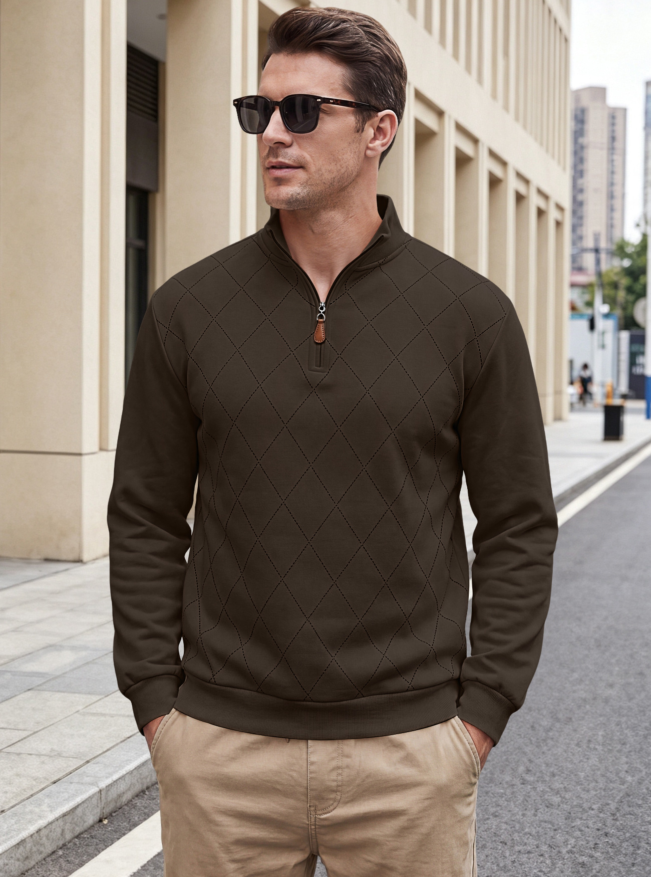 Men's Clothing Tops Sweatshirts Men's American Autumn Winter Semi-Zip Stand-Up Collar Knitwear Diamond Pattern Long Sleeve Pullover Casual Hoodie