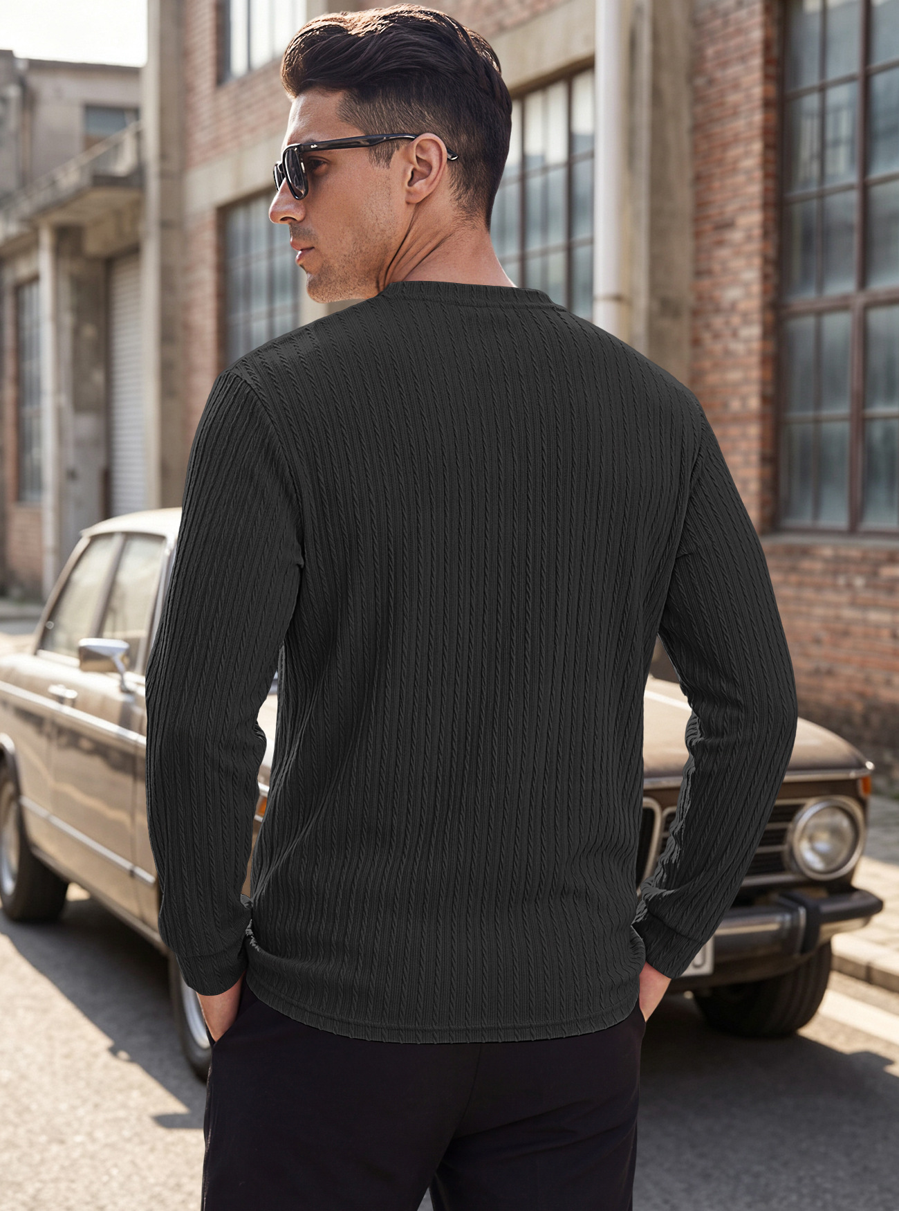 Men's Clothing Tops Sweatshirts Men's Henley Shirt Retro Elastic Texture Pattern Casual Loose Oversized Long Sleeve Hoodie