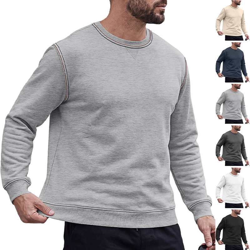 Men's Clothing Tops Sweatshirts Men's Autumn Winter Bright Line Base Shirt Round Neck Ribbed Bottom Swing Top Pulley Cloth Hoodie
