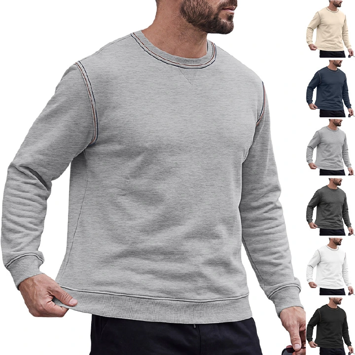 Men's Clothing Tops Sweatshirts Men's Autumn Winter Bright Line Base Shirt Round Neck Ribbed Bottom Swing Top Pulley Cloth Hoodie