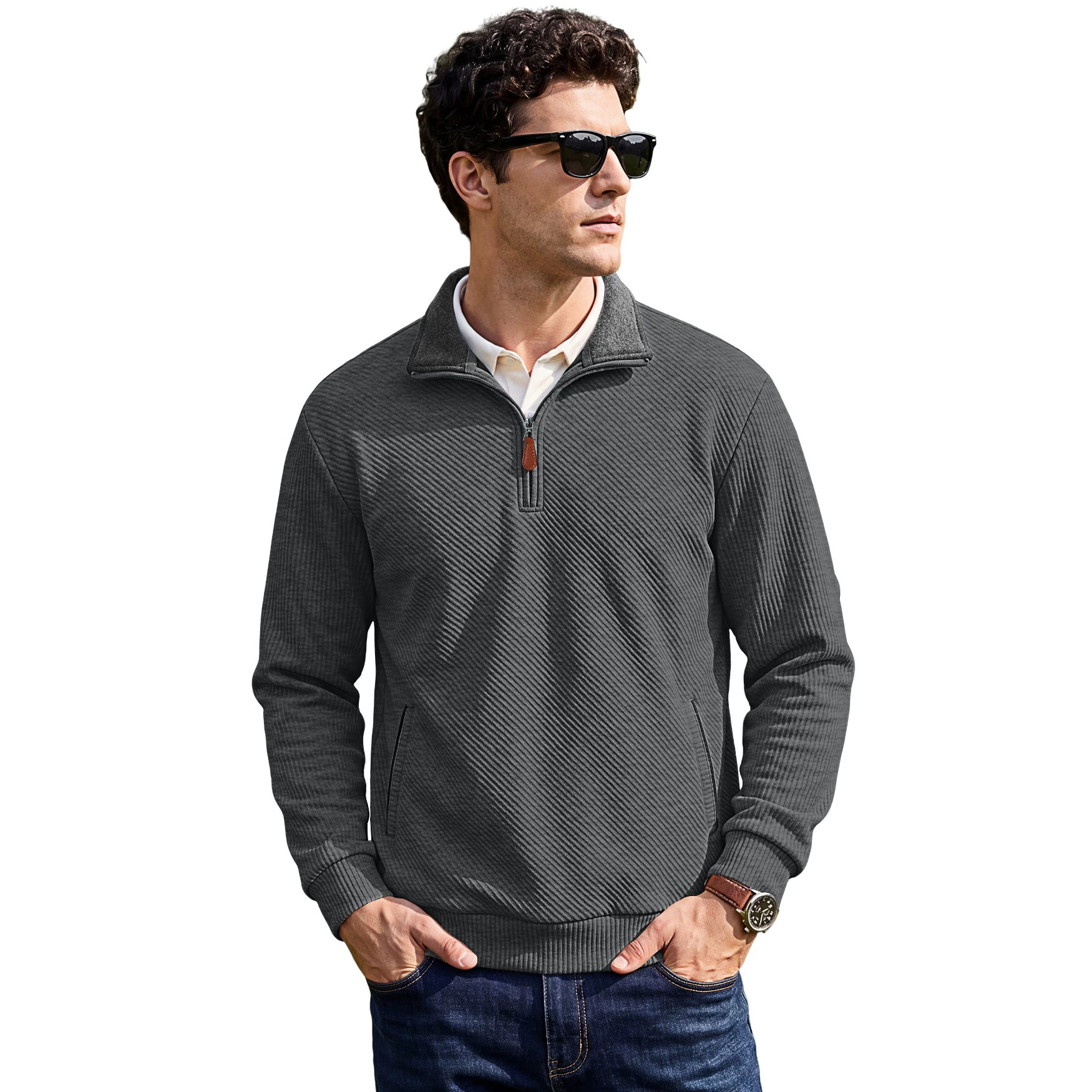 Men's Clothing Tops Sweatshirts Men's Textured Jacquard Stand Up Collar Top American Spring Autumn Zipper Pocket Pullover Casual Hoodie