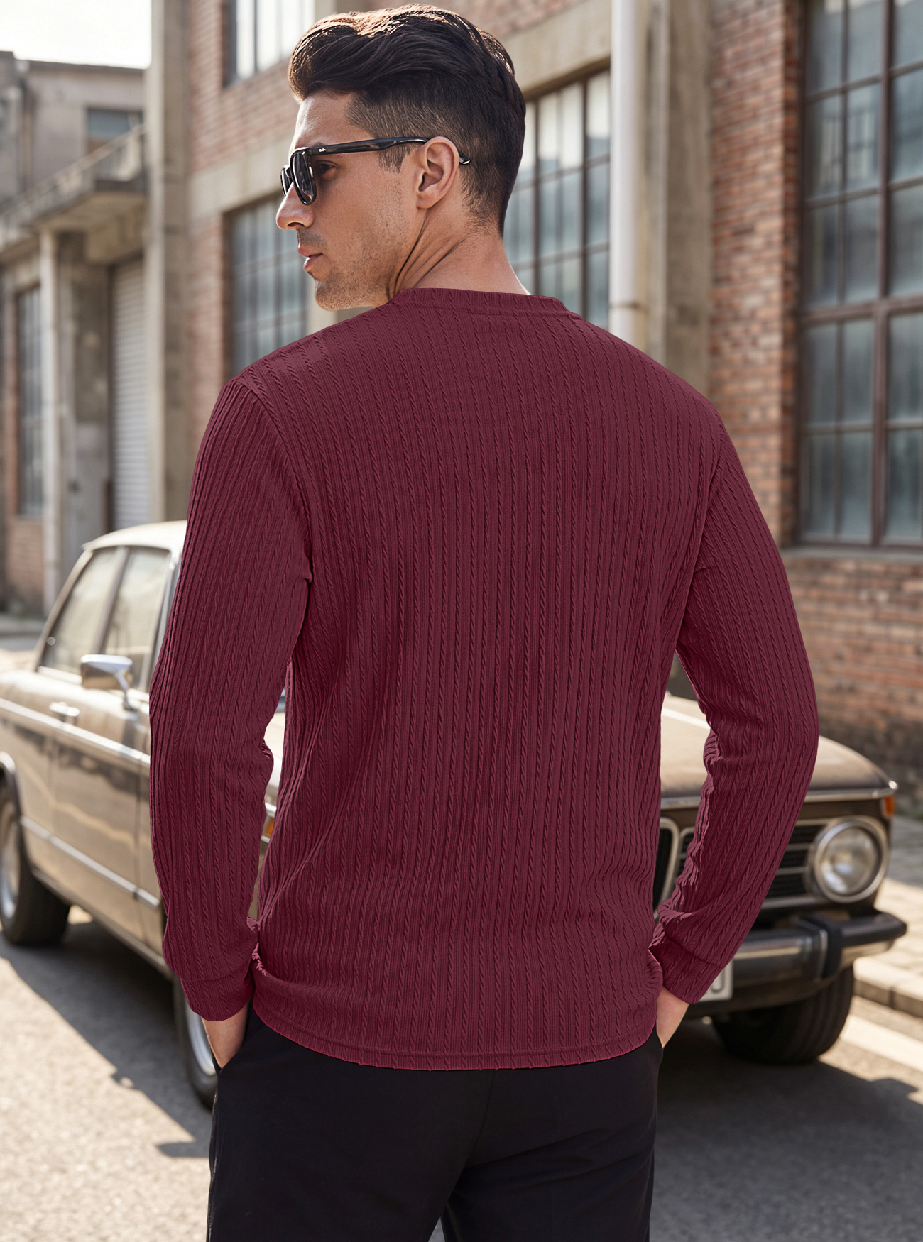 Men's Clothing Tops Sweatshirts Men's Henley Shirt Retro Elastic Texture Pattern Casual Loose Oversized Long Sleeve Hoodie