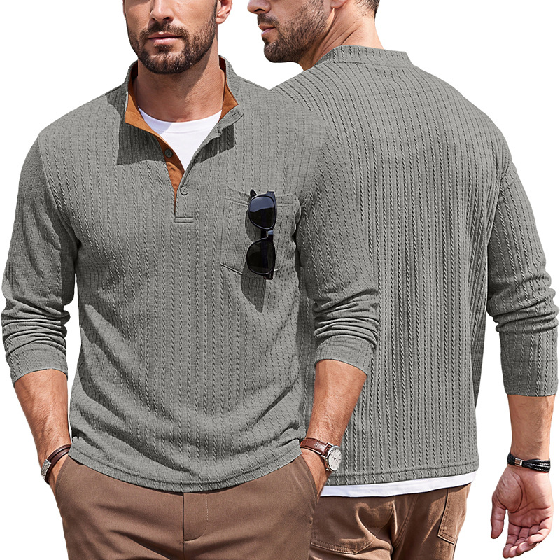 Men's Clothing Tops Sweatshirts Men's American Texture Jacquard Henley Polo Shirt Autumn Winter Chest Pocket Casual Knit Pullover
