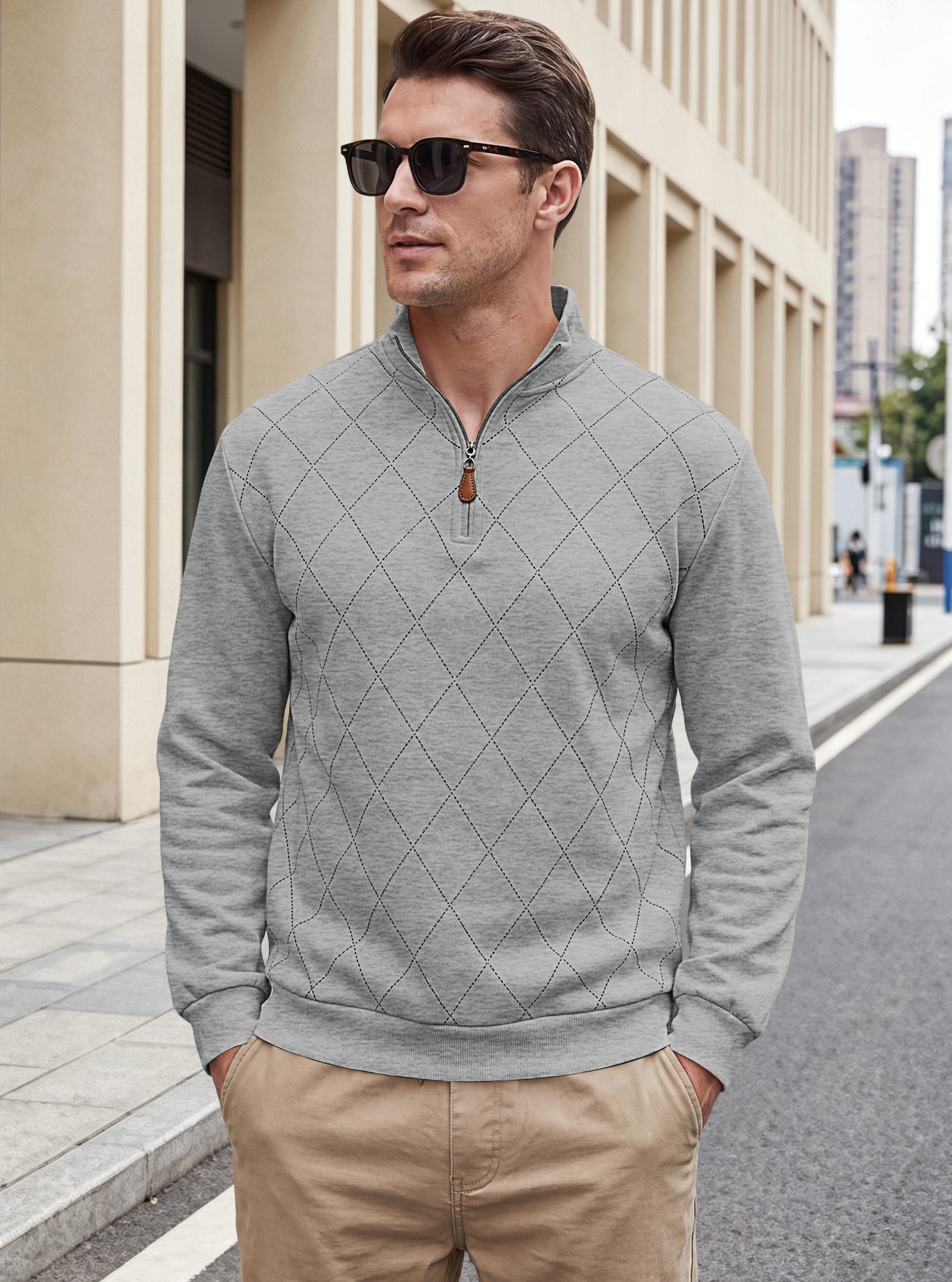 Men's Clothing Tops Sweatshirts Men's American Autumn Winter Semi-Zip Stand-Up Collar Knitwear Diamond Pattern Long Sleeve Pullover Casual Hoodie