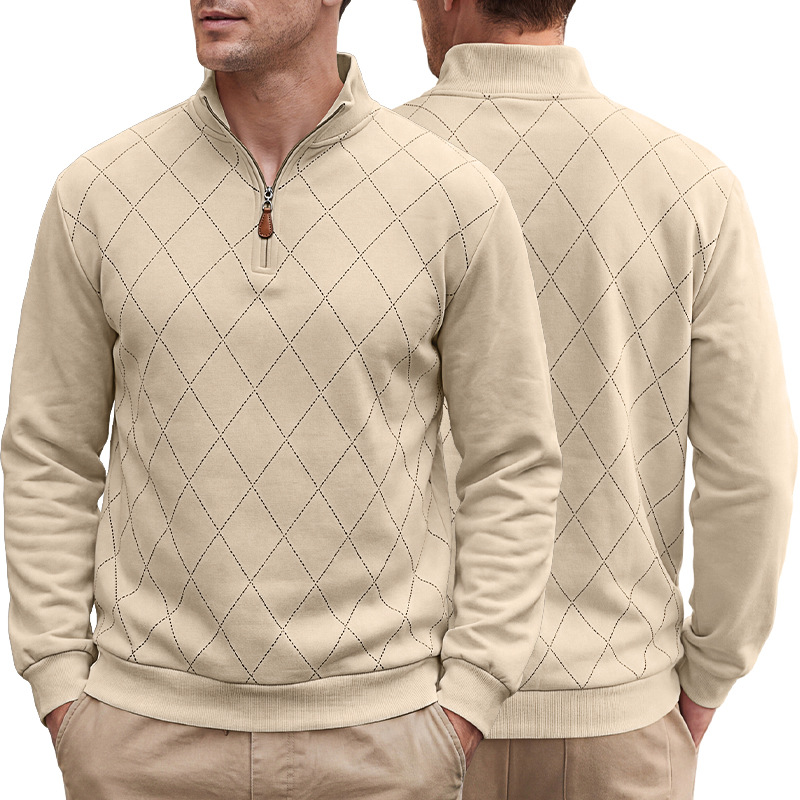 Men's Clothing Tops Sweatshirts Men's American Autumn Winter Semi-Zip Stand-Up Collar Knitwear Diamond Pattern Long Sleeve Pullover Casual Hoodie