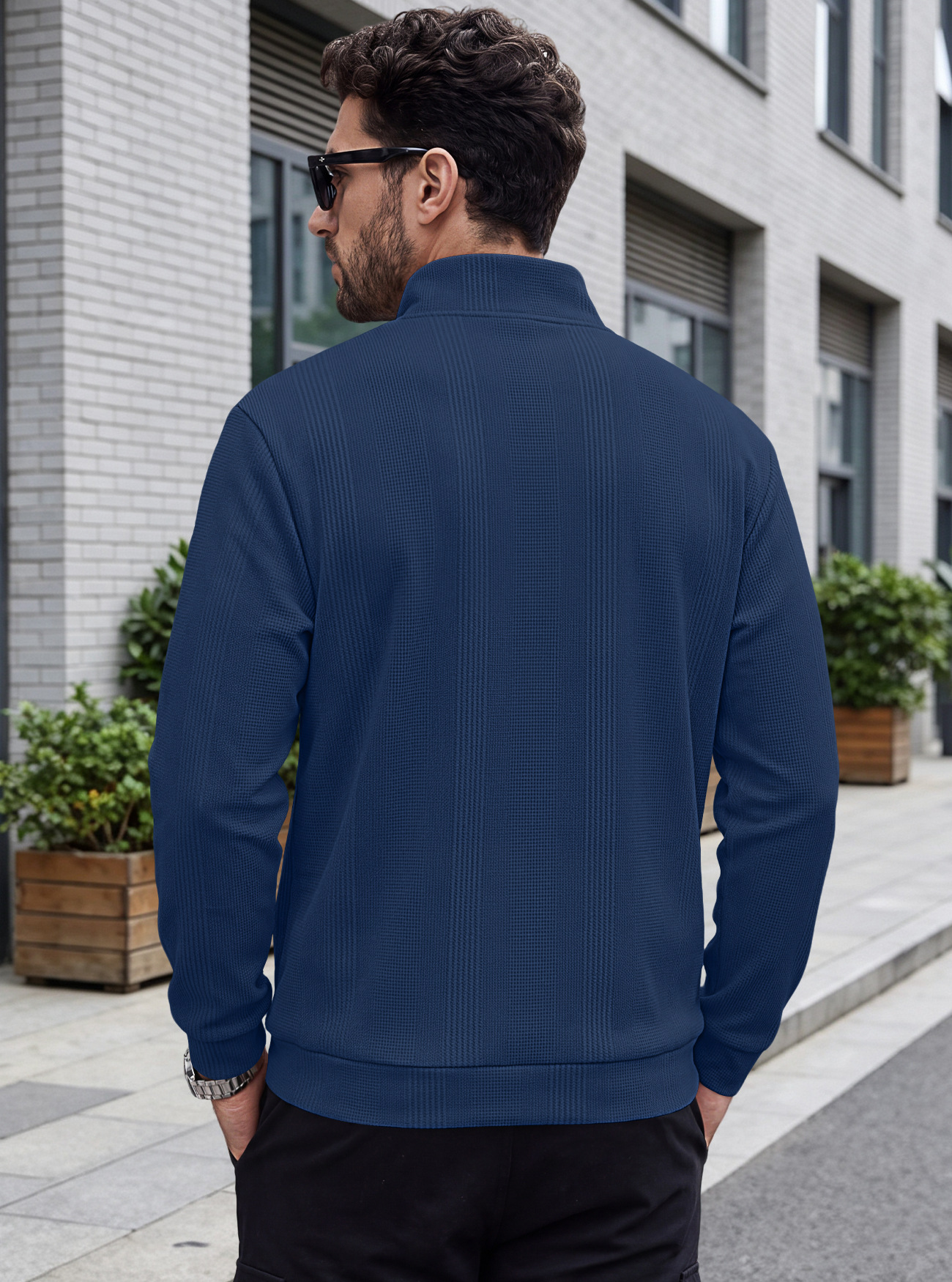 Men's Clothing Tops Sweatshirts Men's Half Zip Stand Up Collar Knitted Sweater Spring Autumn Vertical Stripes Waffle Texture Long Sleeved Casual Hoodie