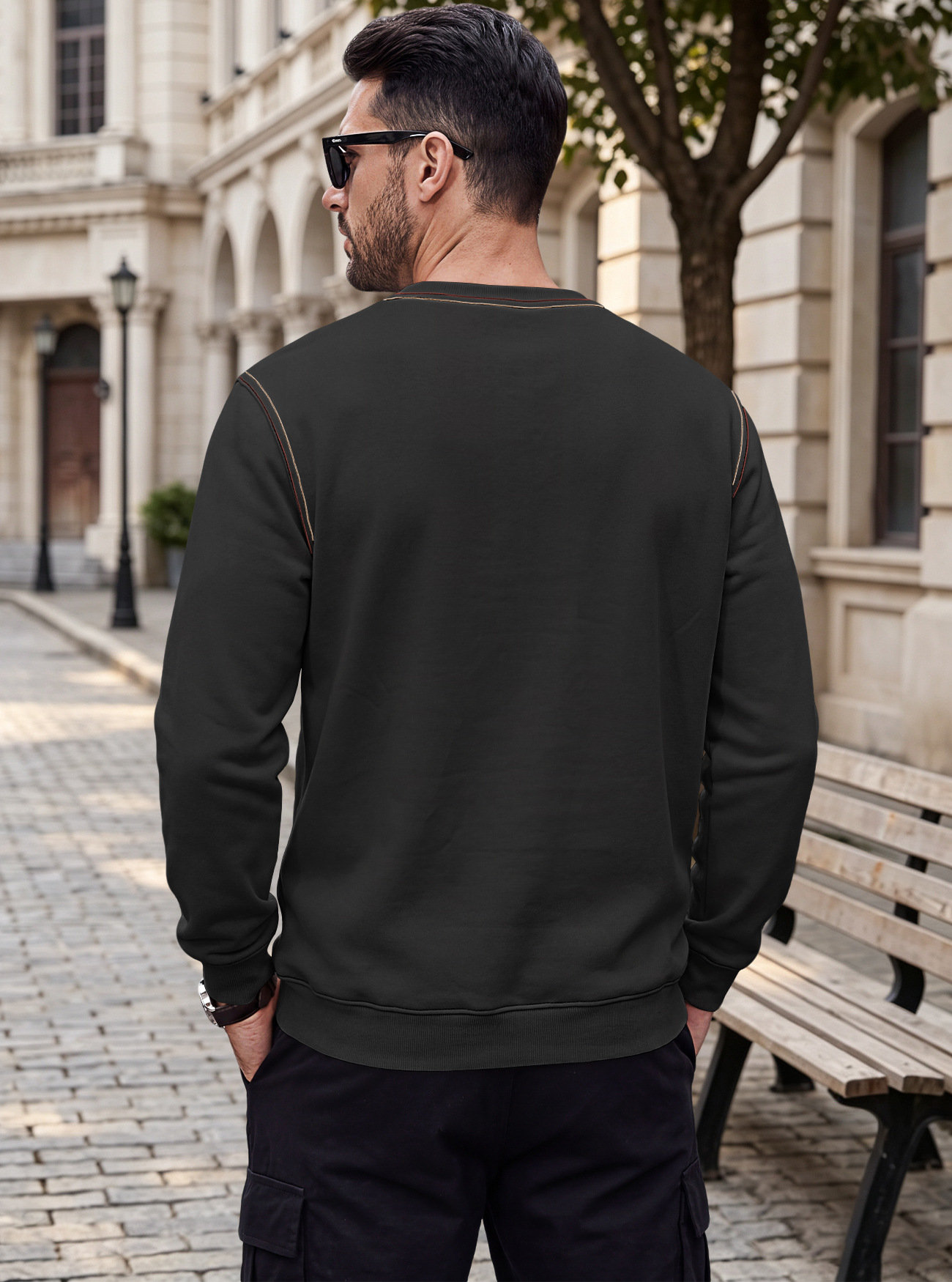 Men's Clothing Tops Sweatshirts Men's Autumn Winter Bright Line Base Shirt Round Neck Ribbed Bottom Swing Top Pulley Cloth Hoodie