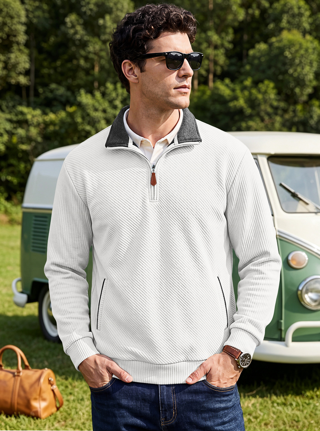 Men's Clothing Tops Sweatshirts Men's Textured Jacquard Stand Up Collar Top American Spring Autumn Zipper Pocket Pullover Casual Hoodie