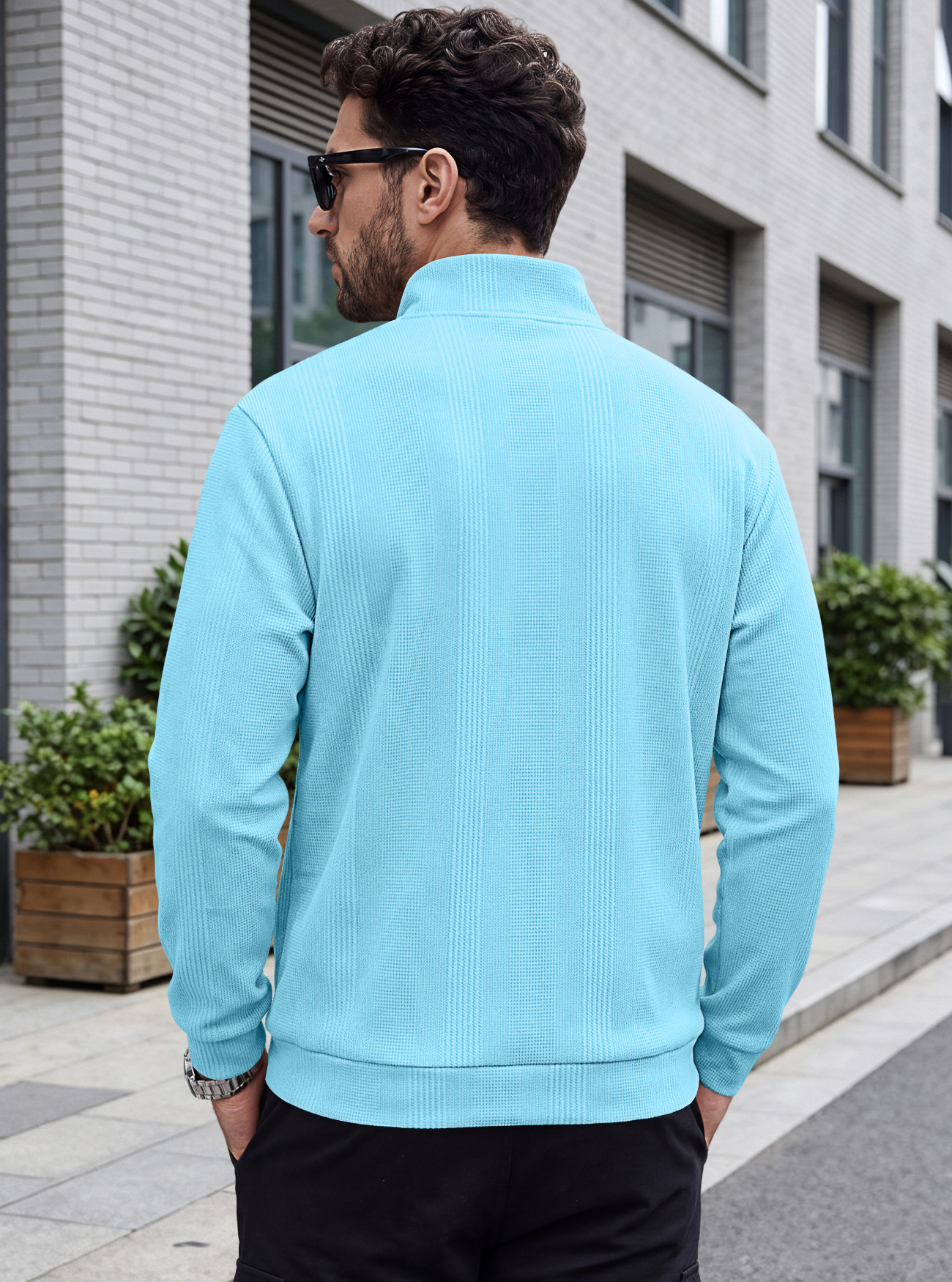 Men's Clothing Tops Sweatshirts Men's Half Zip Stand Up Collar Knitted Sweater Spring Autumn Vertical Stripes Waffle Texture Long Sleeved Casual Hoodie