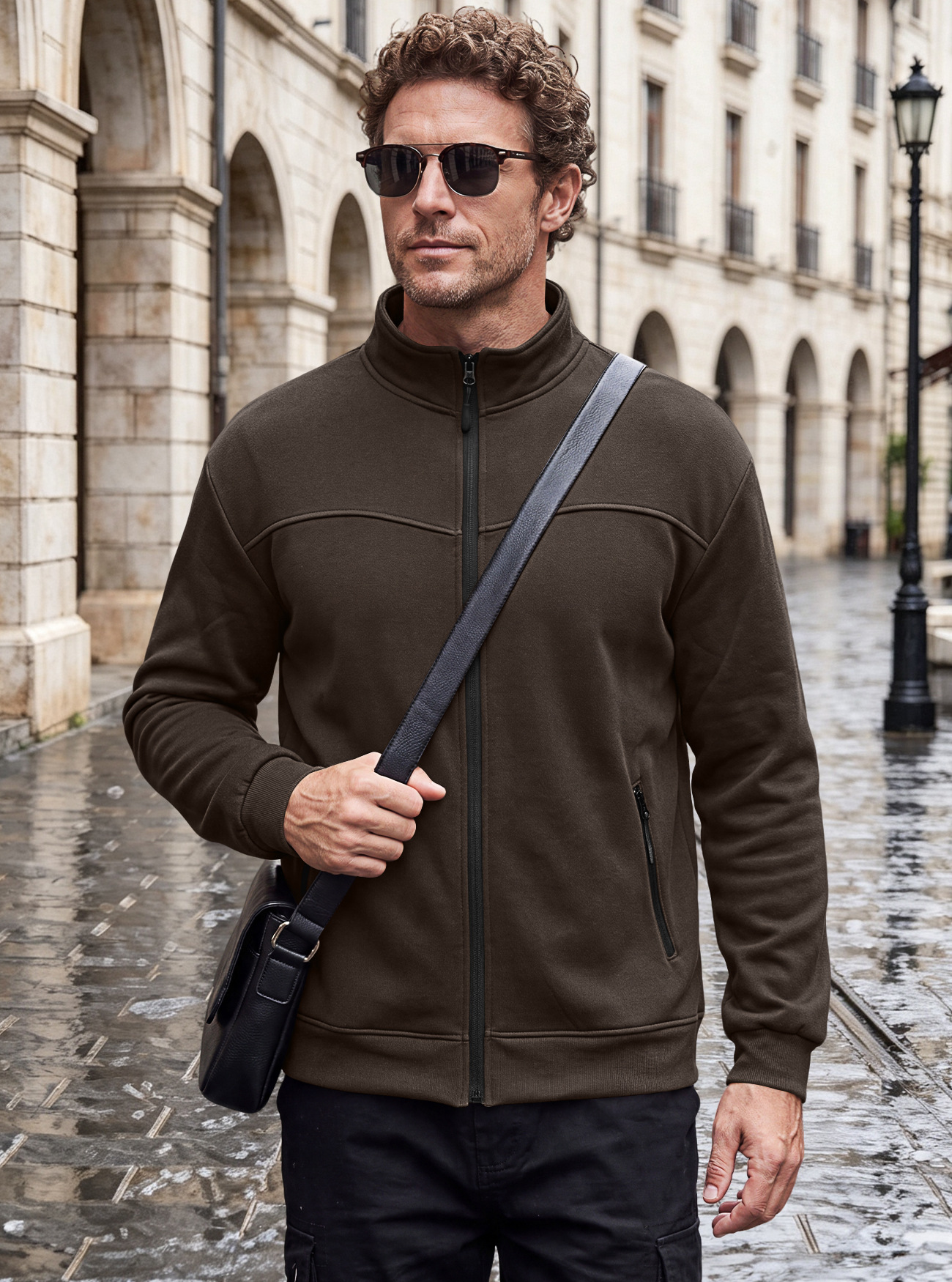 Men's Clothing Tops Jackets Coats Men's Autumn Winter Stand-Up Collar Fleece Lined Jacket with Zipper Side Pockets for Outdoor Casual Long Sleeve Sweater Coat