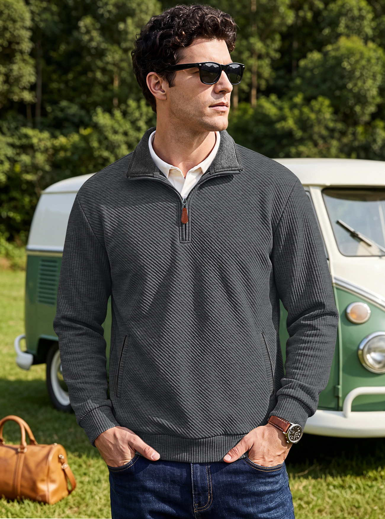 Men's Clothing Tops Sweatshirts Men's Textured Jacquard Stand Up Collar Top American Spring Autumn Zipper Pocket Pullover Casual Hoodie
