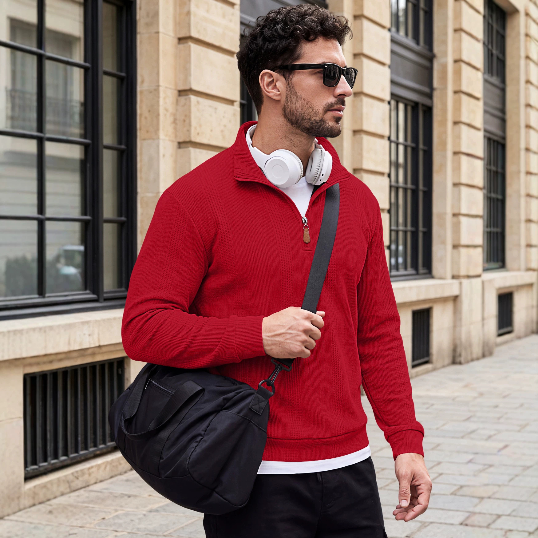 Men's Clothing Tops Sweatshirts Men's Half Zip Stand Up Collar Knitted Sweater Spring Autumn Vertical Stripes Waffle Texture Long Sleeved Casual Hoodie