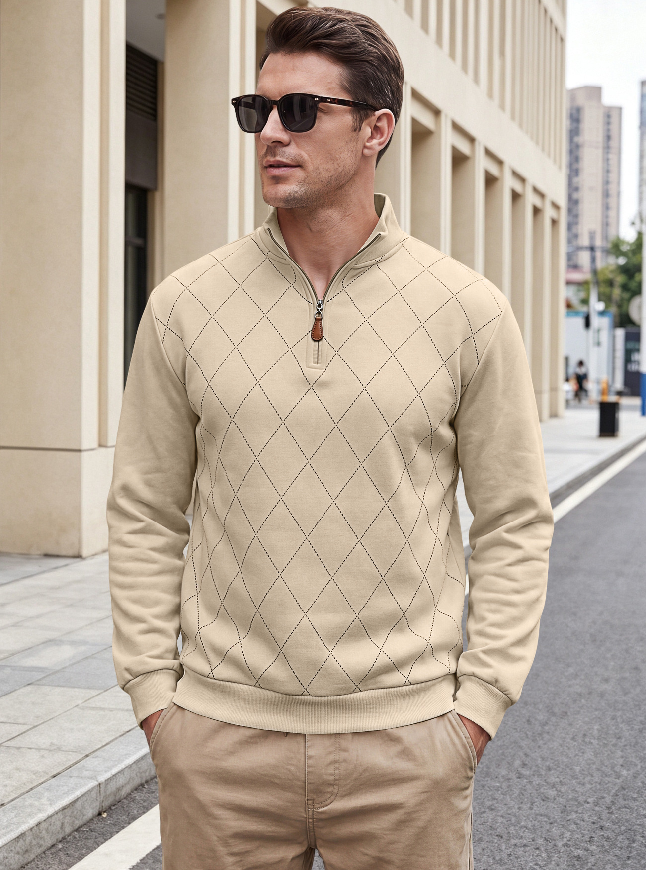 Men's Clothing Tops Sweatshirts Men's American Autumn Winter Semi-Zip Stand-Up Collar Knitwear Diamond Pattern Long Sleeve Pullover Casual Hoodie