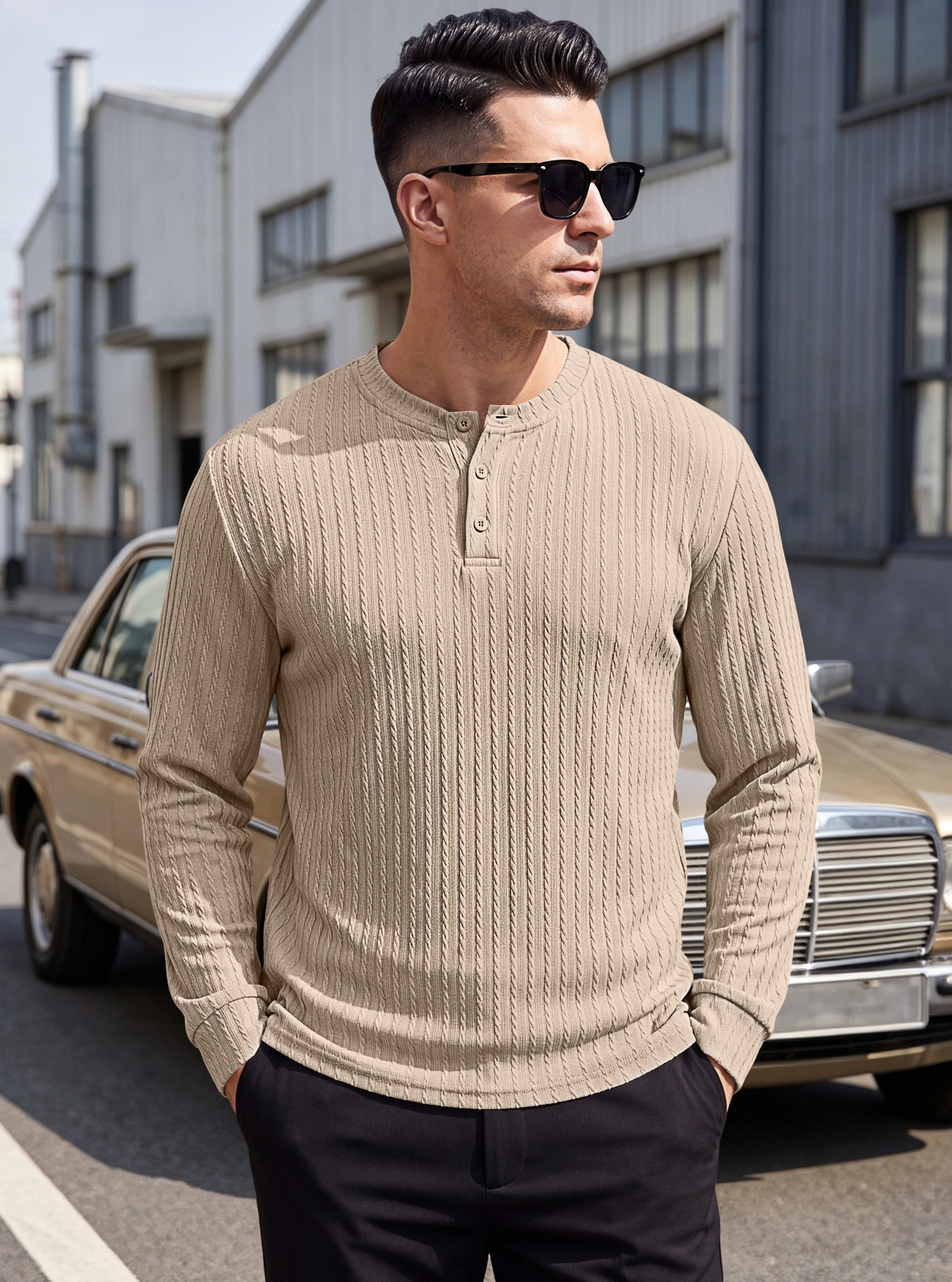 Men's Clothing Tops Sweatshirts Men's Henley Shirt Retro Elastic Texture Pattern Casual Loose Oversized Long Sleeve Hoodie