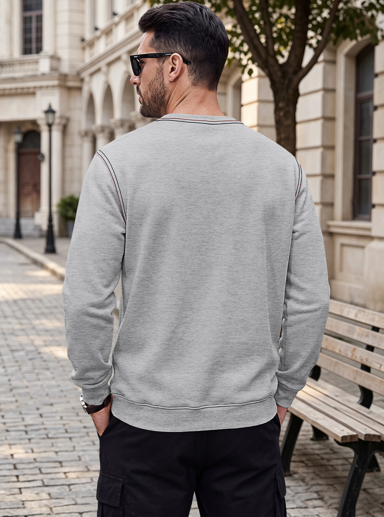 Men's Clothing Tops Sweatshirts Men's Autumn Winter Bright Line Base Shirt Round Neck Ribbed Bottom Swing Top Pulley Cloth Hoodie