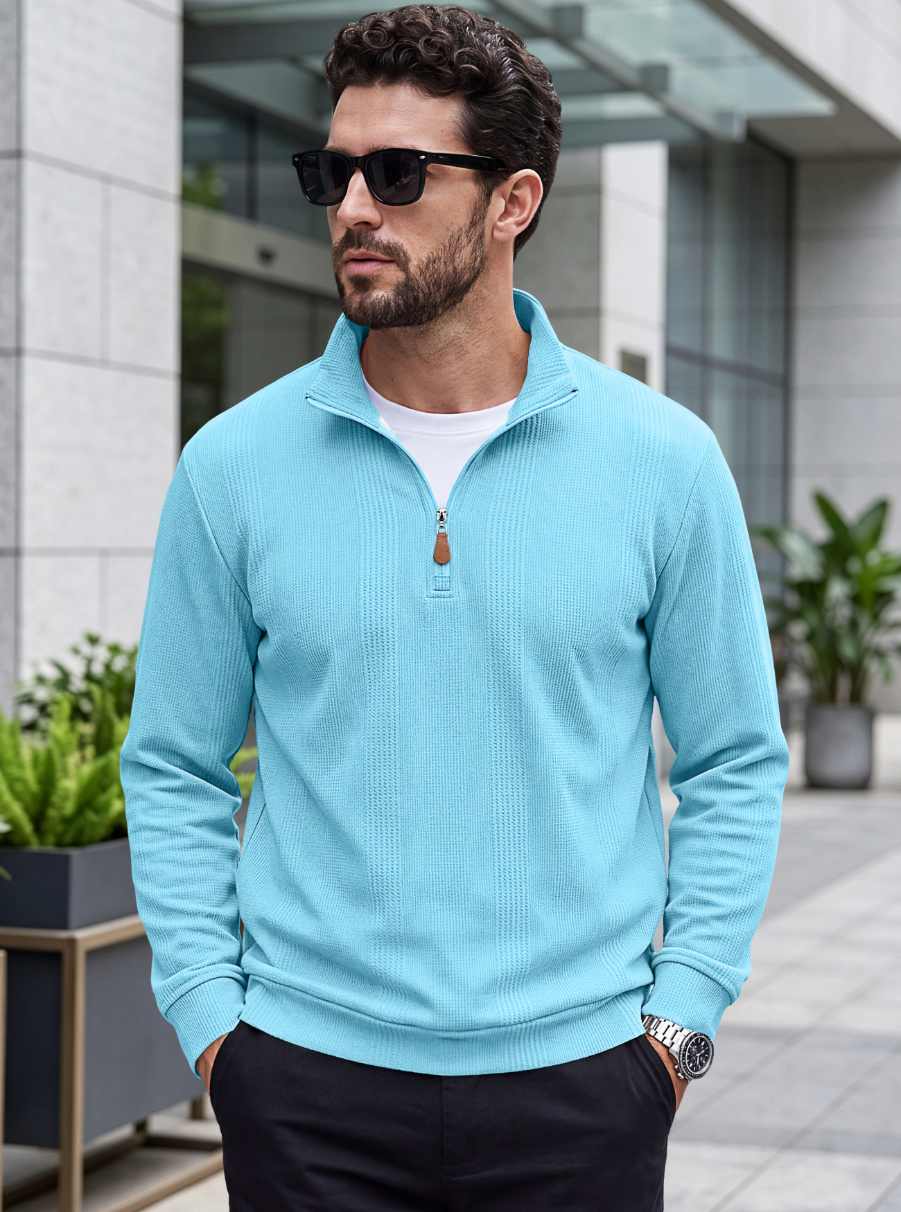 Men's Clothing Tops Sweatshirts Men's Half Zip Stand Up Collar Knitted Sweater Spring Autumn Vertical Stripes Waffle Texture Long Sleeved Casual Hoodie