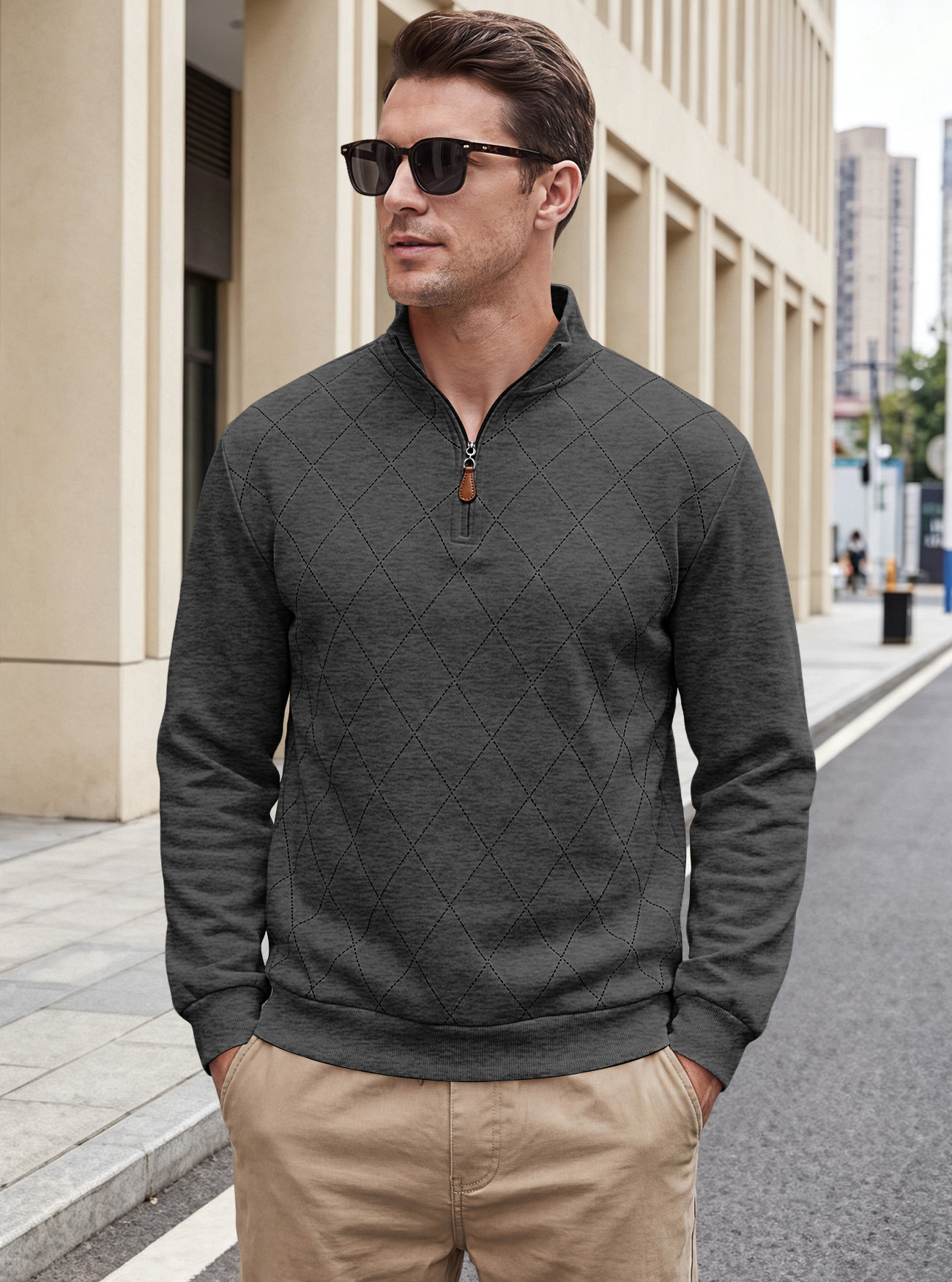 Men's Clothing Tops Sweatshirts Men's American Autumn Winter Semi-Zip Stand-Up Collar Knitwear Diamond Pattern Long Sleeve Pullover Casual Hoodie