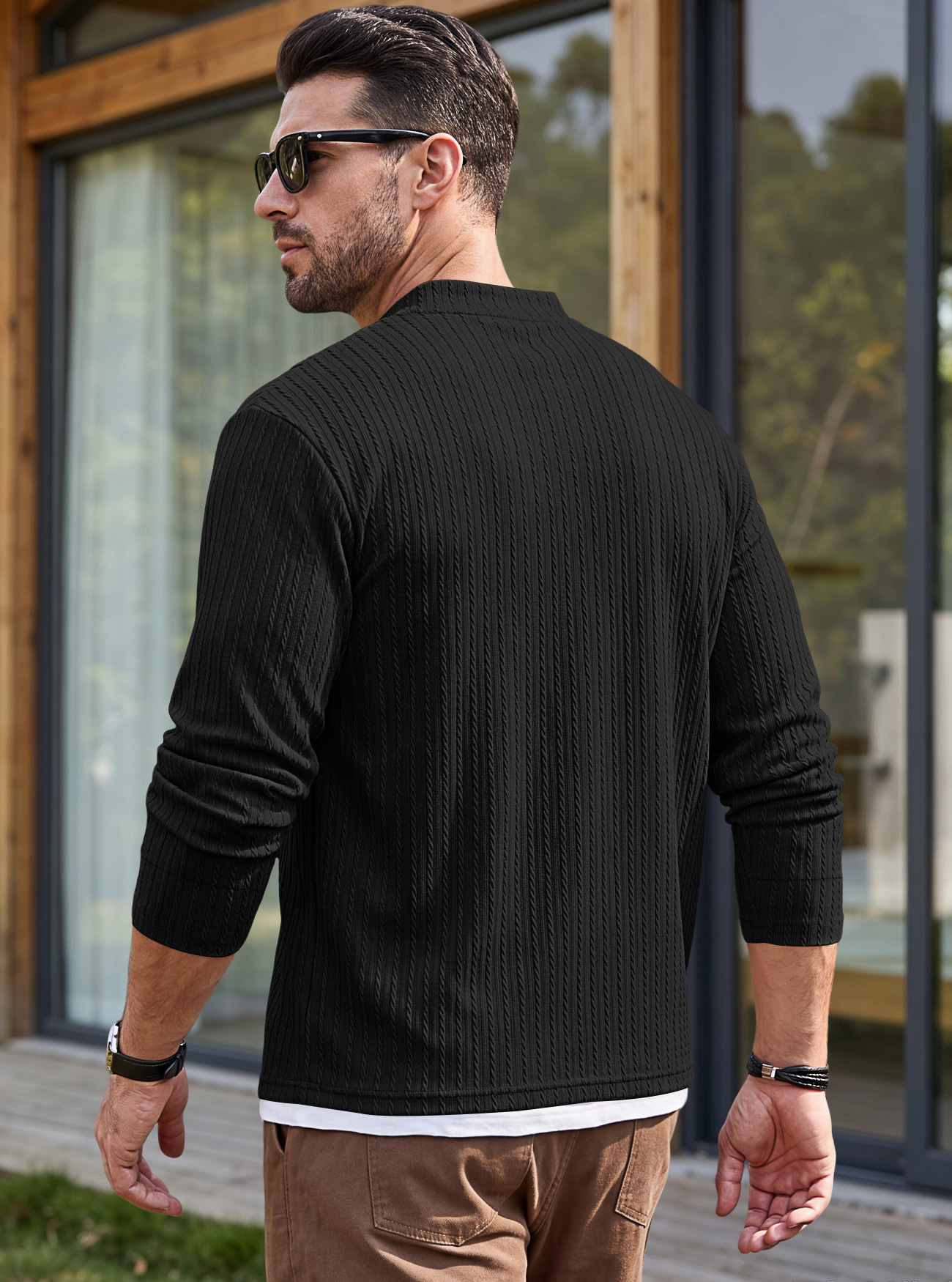 Men's Clothing Tops Sweatshirts Men's American Texture Jacquard Henley Polo Shirt Autumn Winter Chest Pocket Casual Knit Pullover