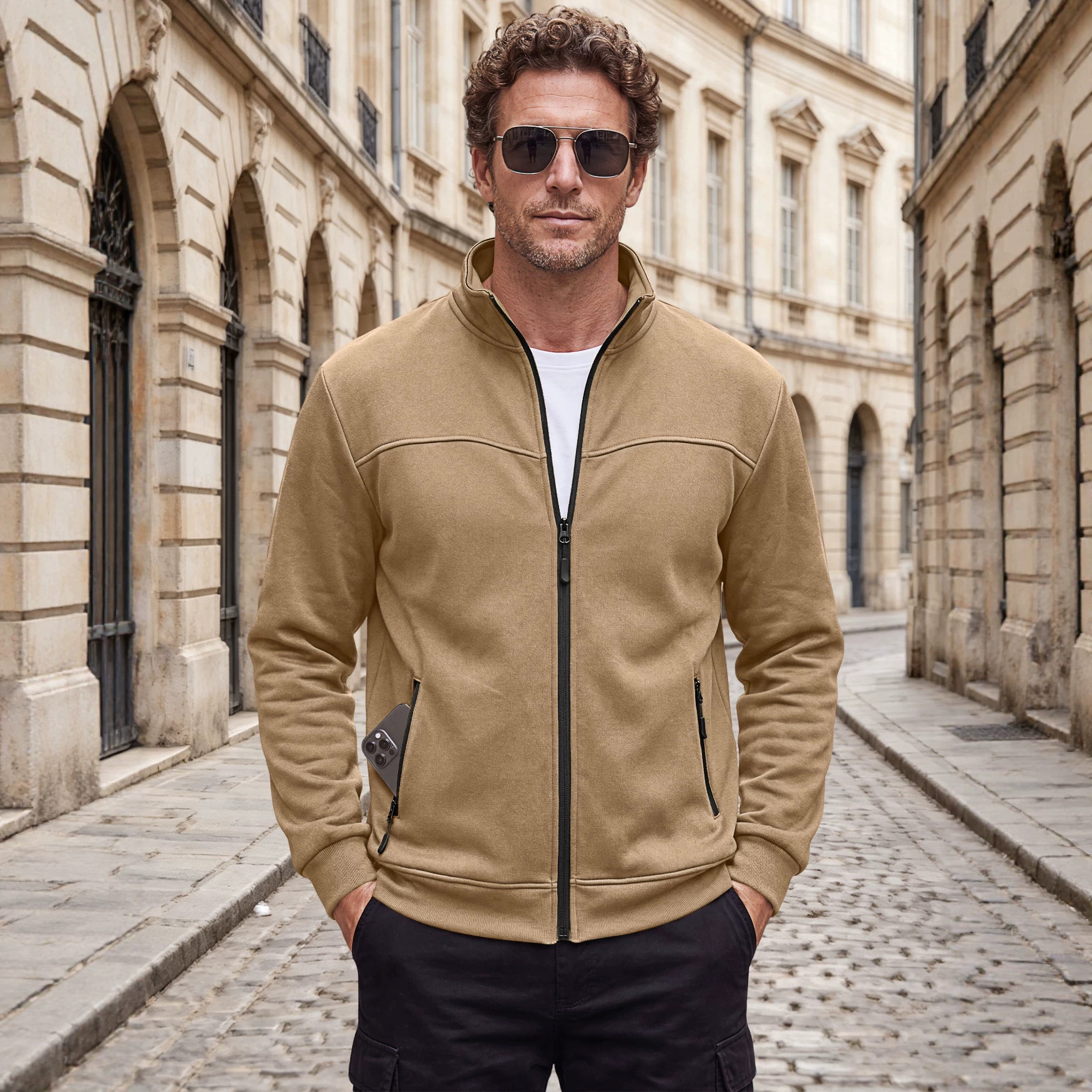Men's Clothing Tops Jackets Coats Men's Autumn Winter Stand-Up Collar Fleece Lined Jacket with Zipper Side Pockets for Outdoor Casual Long Sleeve Sweater Coat