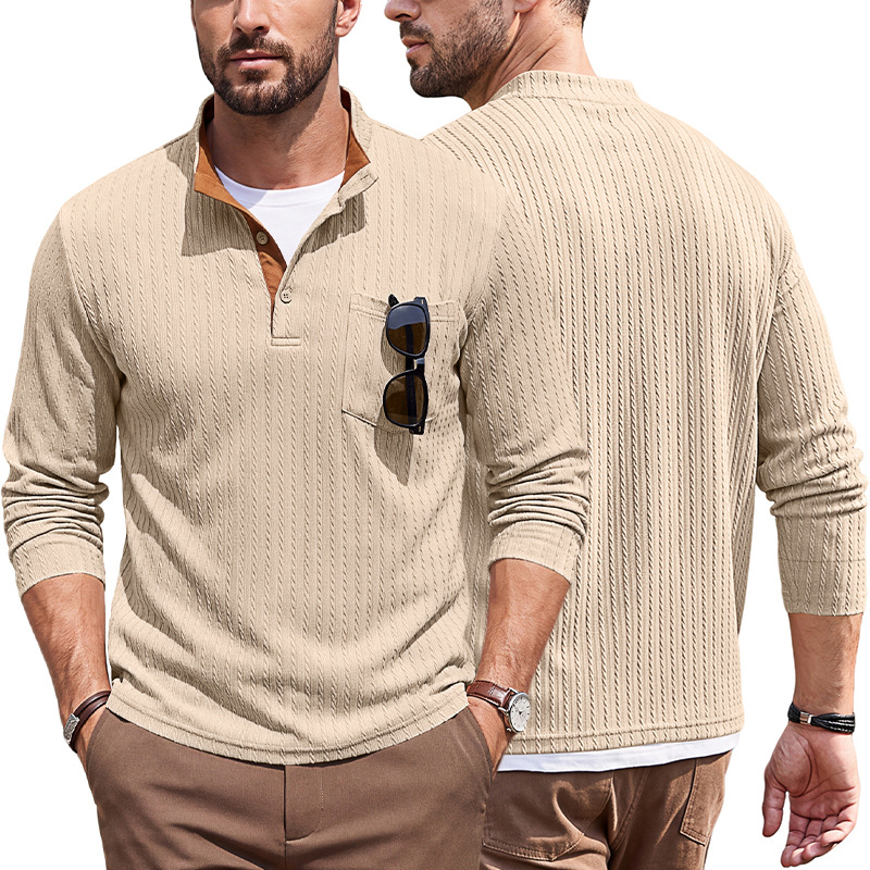 Men's Clothing Tops Sweatshirts Men's American Texture Jacquard Henley Polo Shirt Autumn Winter Chest Pocket Casual Knit Pullover