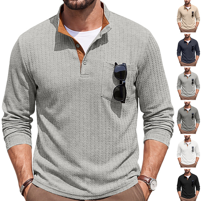 Men's Clothing Tops Sweatshirts Men's American Texture Jacquard Henley Polo Shirt Autumn Winter Chest Pocket Casual Knit Pullover