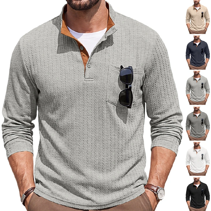 Men's Clothing Tops Sweatshirts Men's American Texture Jacquard Henley Polo Shirt Autumn Winter Chest Pocket Casual Knit Pullover