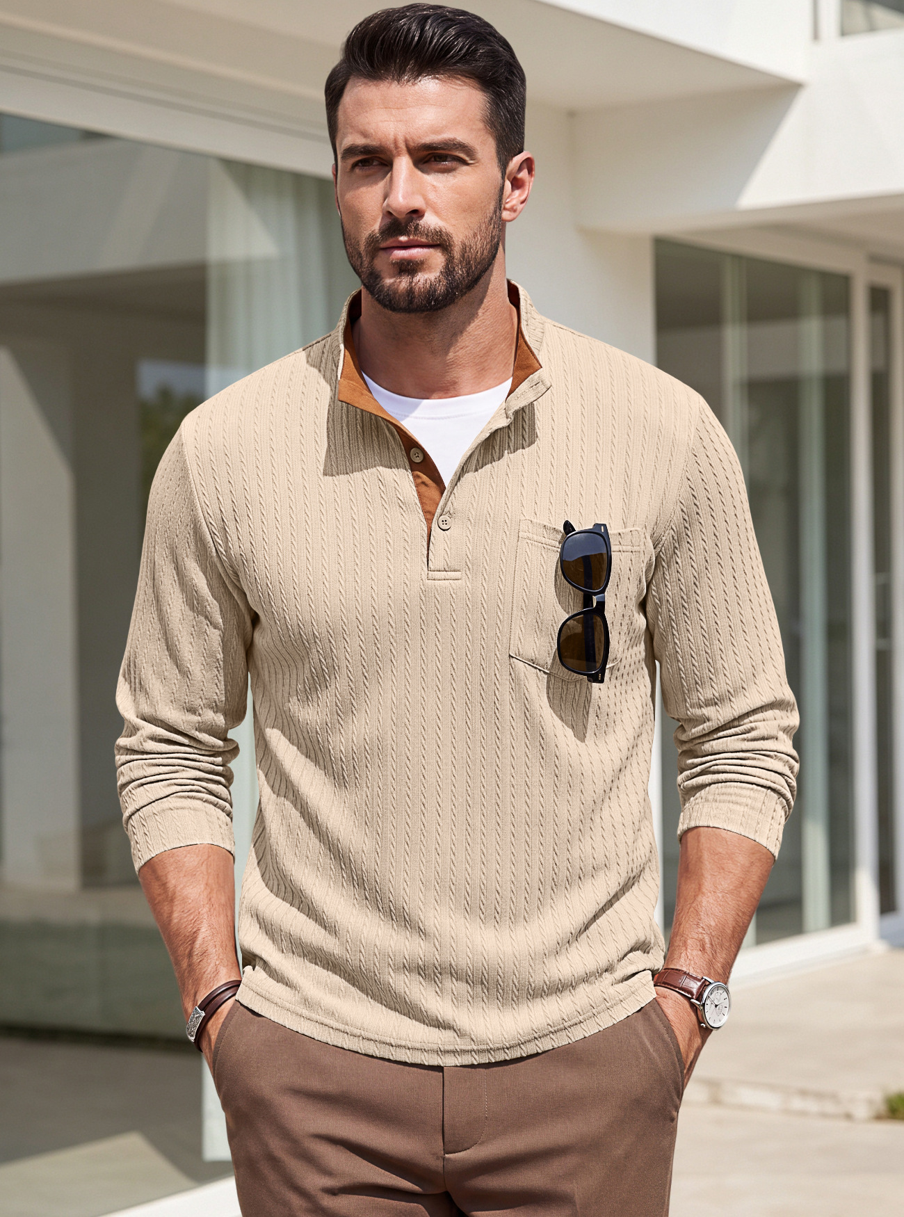 Men's Clothing Tops Sweatshirts Men's American Texture Jacquard Henley Polo Shirt Autumn Winter Chest Pocket Casual Knit Pullover