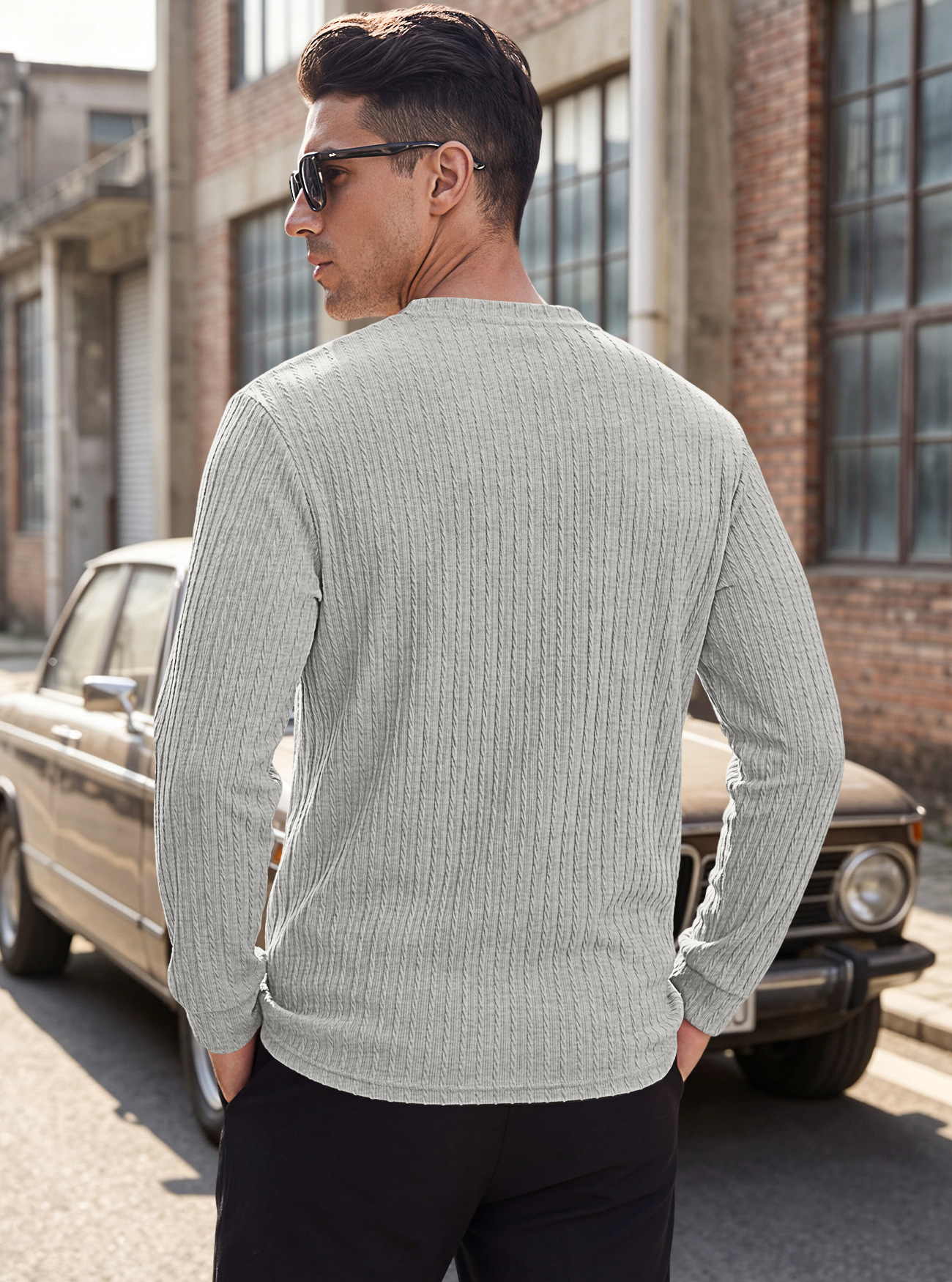 Men's Clothing Tops Sweatshirts Men's Henley Shirt Retro Elastic Texture Pattern Casual Loose Oversized Long Sleeve Hoodie