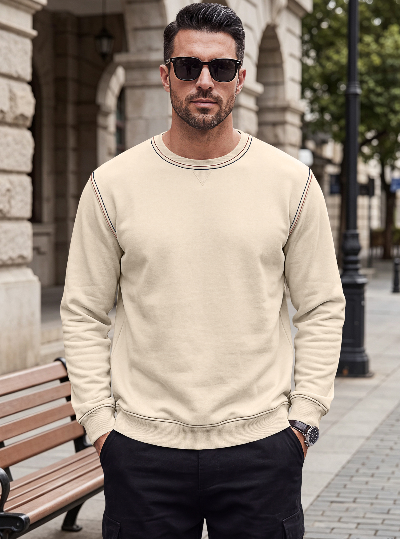 Men's Clothing Tops Sweatshirts Men's Autumn Winter Bright Line Base Shirt Round Neck Ribbed Bottom Swing Top Pulley Cloth Hoodie