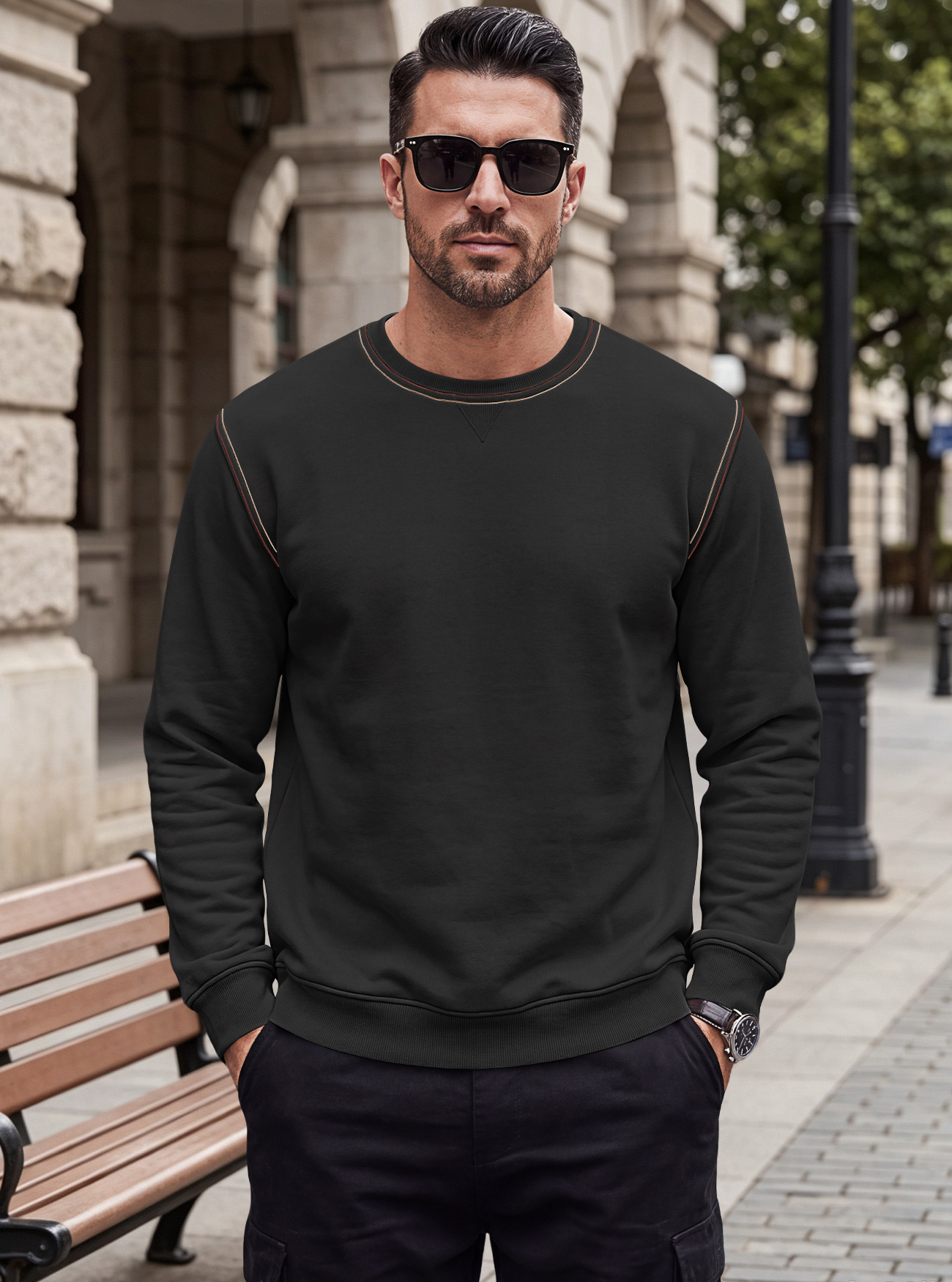 Men's Clothing Tops Sweatshirts Men's Autumn Winter Bright Line Base Shirt Round Neck Ribbed Bottom Swing Top Pulley Cloth Hoodie