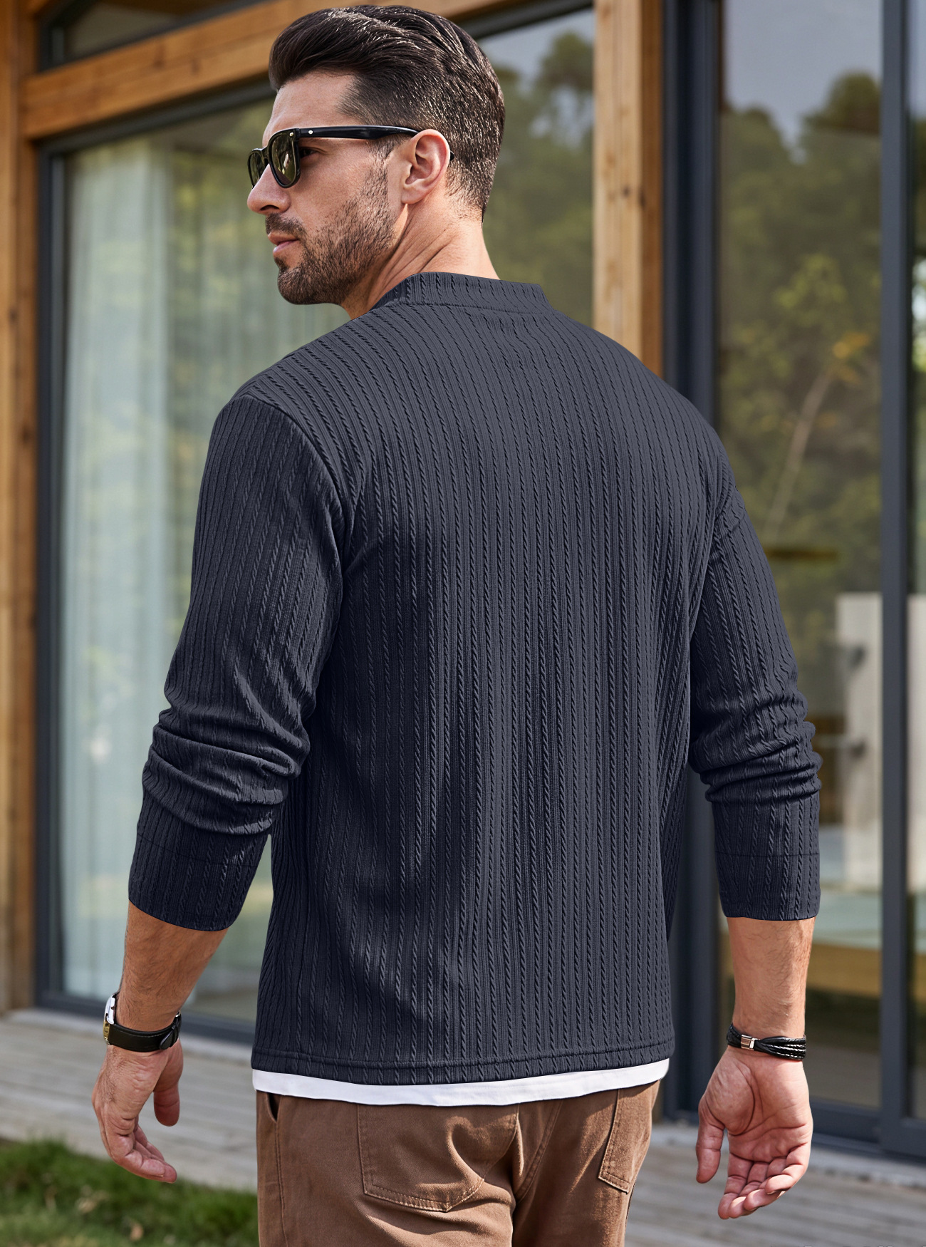 Men's Clothing Tops Sweatshirts Men's American Texture Jacquard Henley Polo Shirt Autumn Winter Chest Pocket Casual Knit Pullover