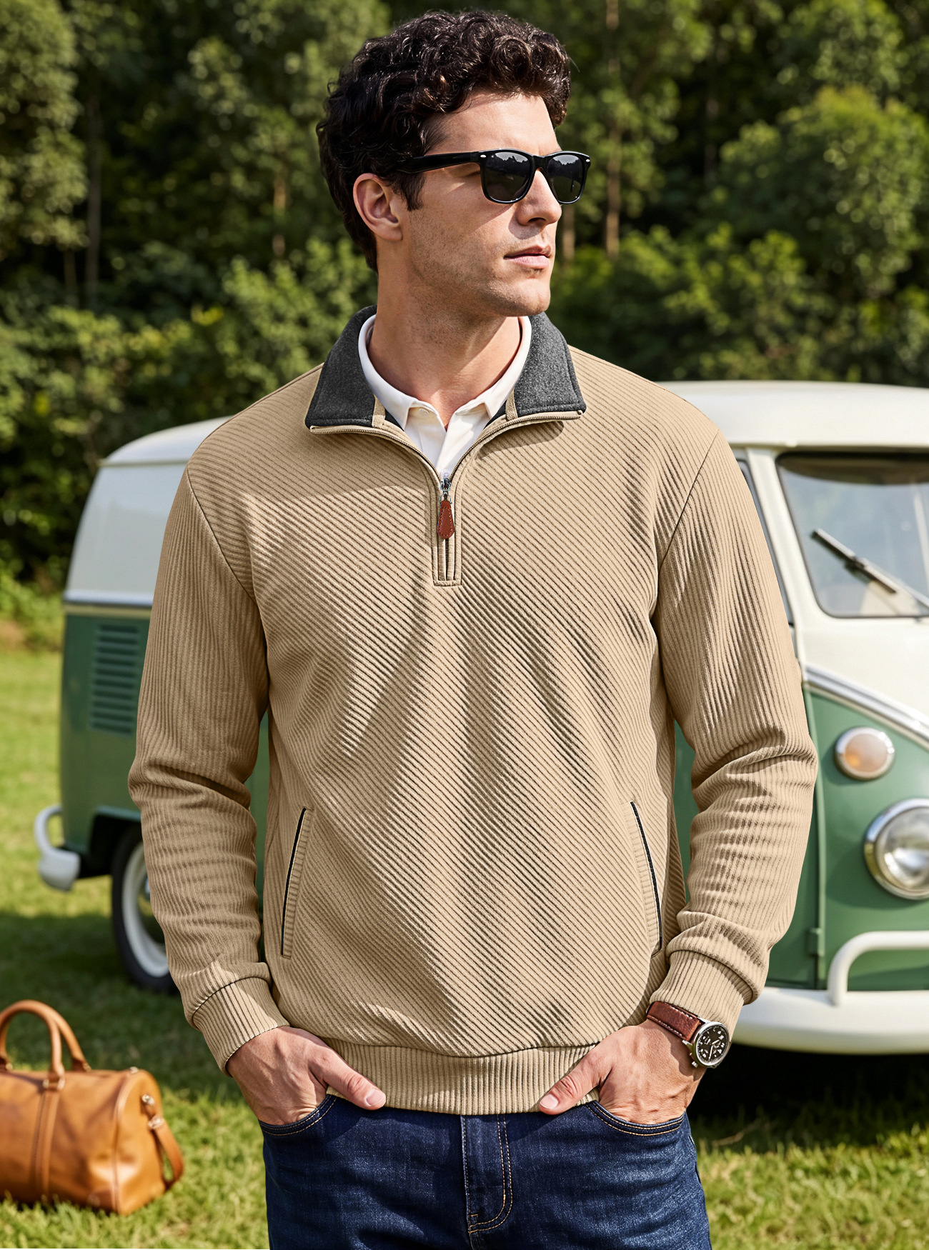Men's Clothing Tops Sweatshirts Men's Textured Jacquard Stand Up Collar Top American Spring Autumn Zipper Pocket Pullover Casual Hoodie