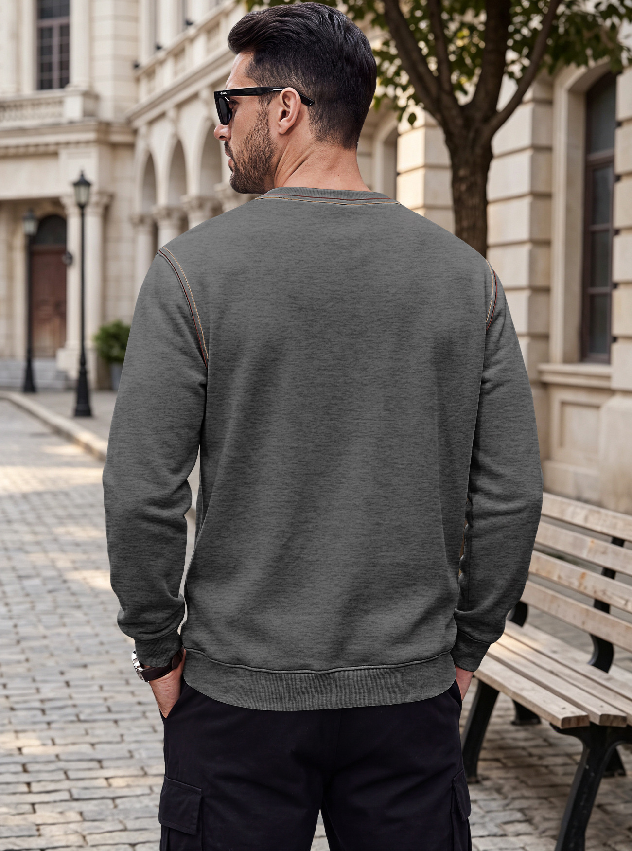 Men's Clothing Tops Sweatshirts Men's Autumn Winter Bright Line Base Shirt Round Neck Ribbed Bottom Swing Top Pulley Cloth Hoodie