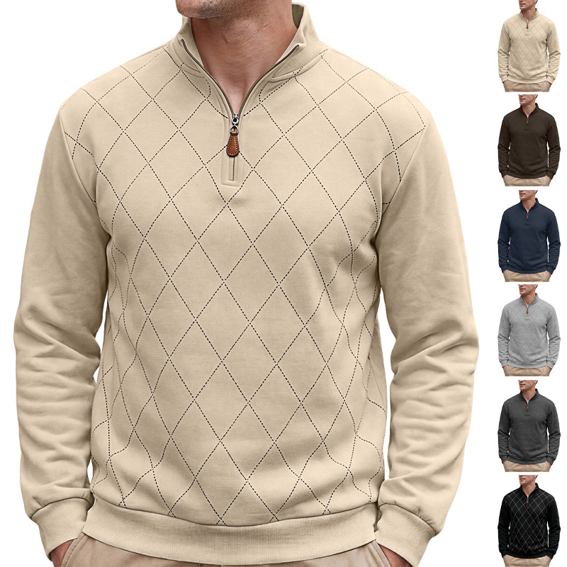 Men's Clothing Tops Sweatshirts Men's American Autumn Winter Semi-Zip Stand-Up Collar Knitwear Diamond Pattern Long Sleeve Pullover Casual Hoodie