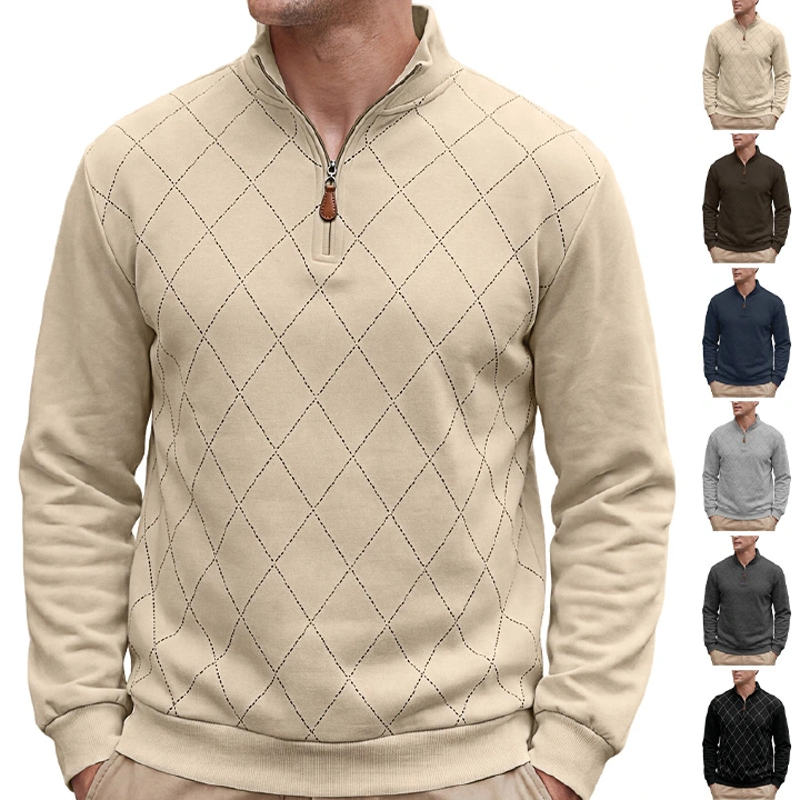 Men's Clothing Tops Sweatshirts Men's American Autumn Winter Semi-Zip Stand-Up Collar Knitwear Diamond Pattern Long Sleeve Pullover Casual Hoodie