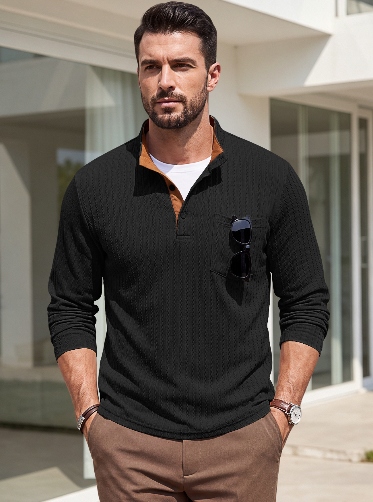Men's Clothing Tops Sweatshirts Men's American Texture Jacquard Henley Polo Shirt Autumn Winter Chest Pocket Casual Knit Pullover