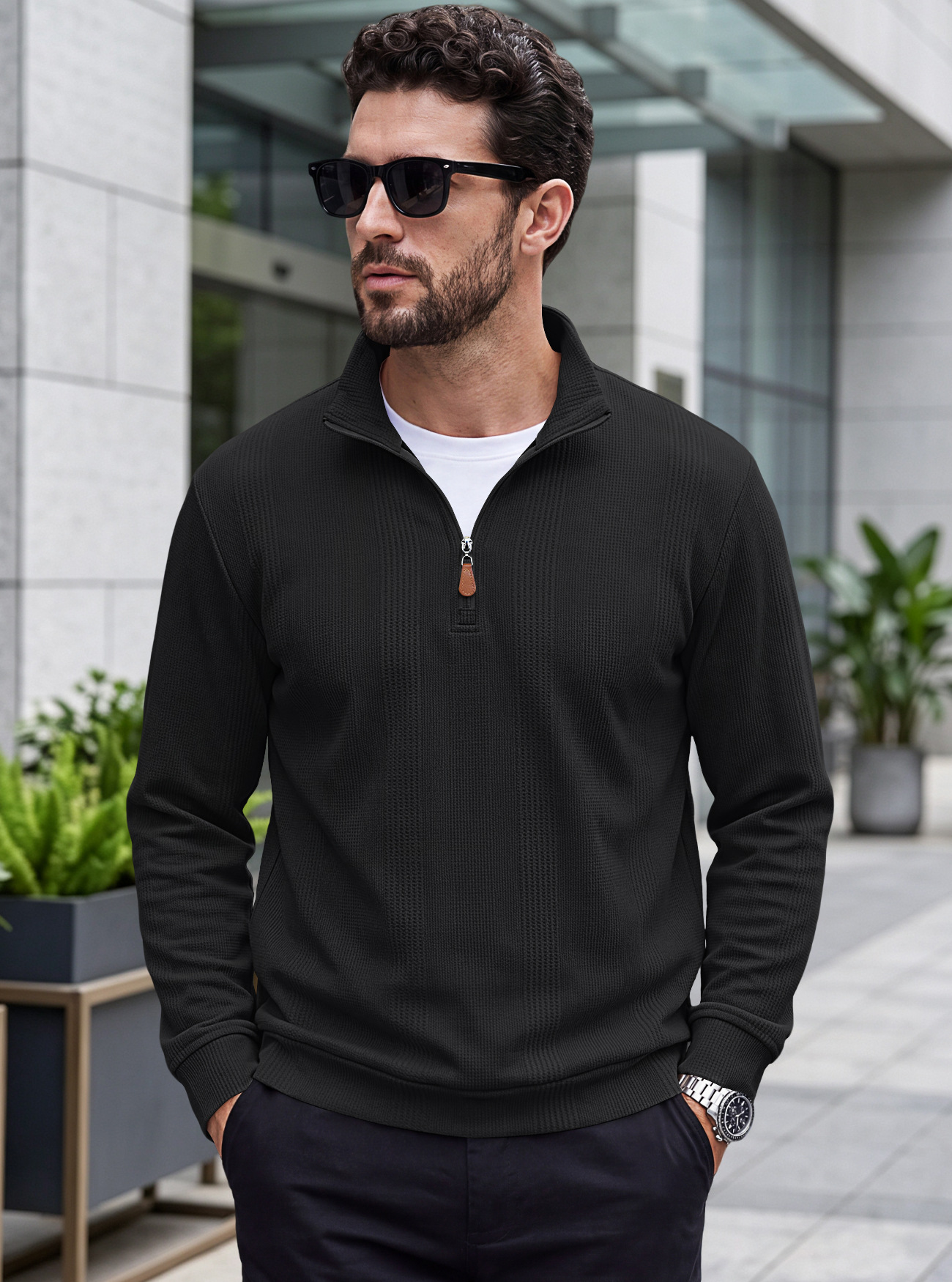 Men's Clothing Tops Sweatshirts Men's Half Zip Stand Up Collar Knitted Sweater Spring Autumn Vertical Stripes Waffle Texture Long Sleeved Casual Hoodie