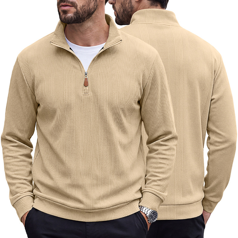 Men's Clothing Tops Sweatshirts Men's Half Zip Stand Up Collar Knitted Sweater Spring Autumn Vertical Stripes Waffle Texture Long Sleeved Casual Hoodie