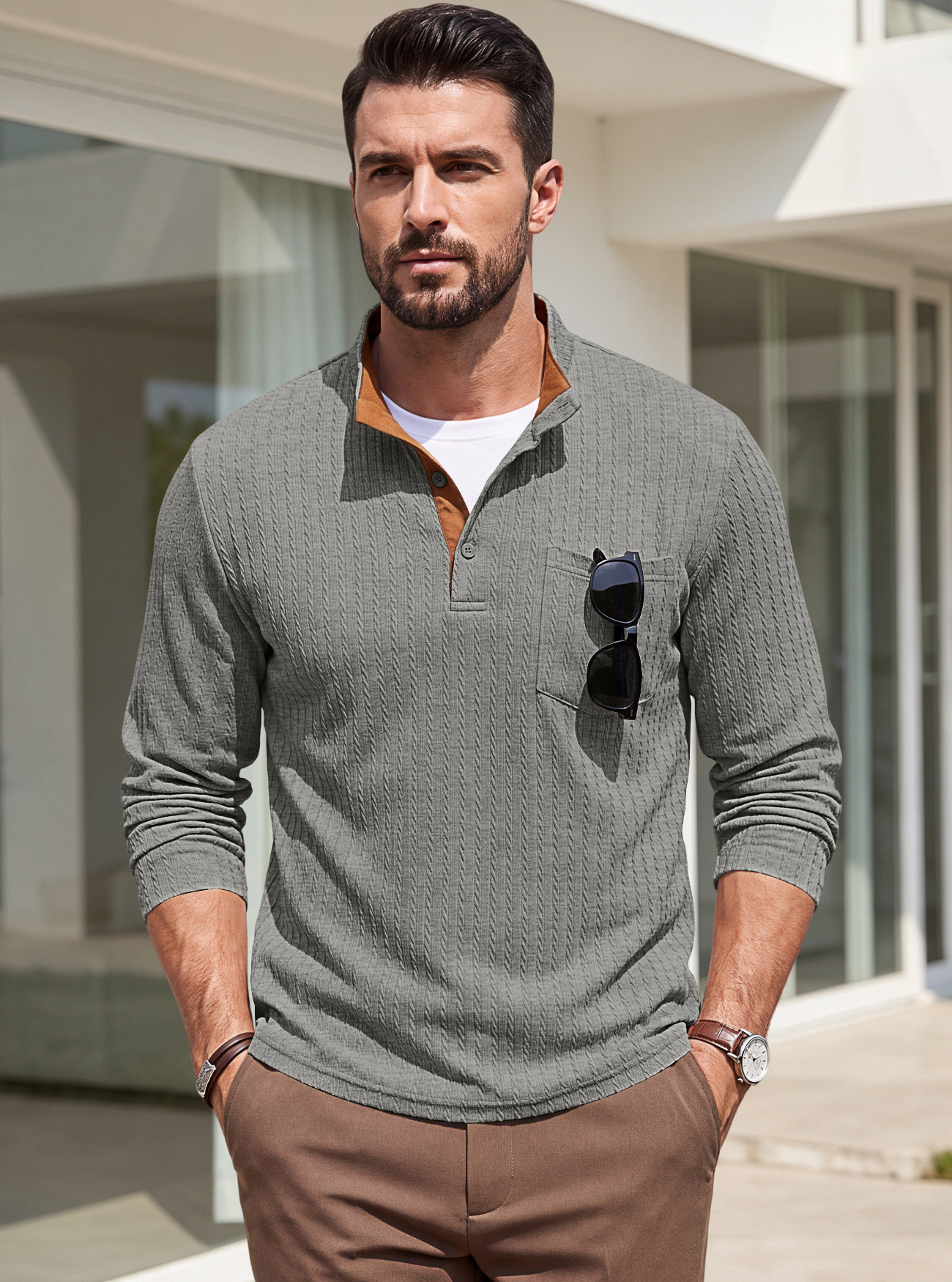 Men's Clothing Tops Sweatshirts Men's American Texture Jacquard Henley Polo Shirt Autumn Winter Chest Pocket Casual Knit Pullover